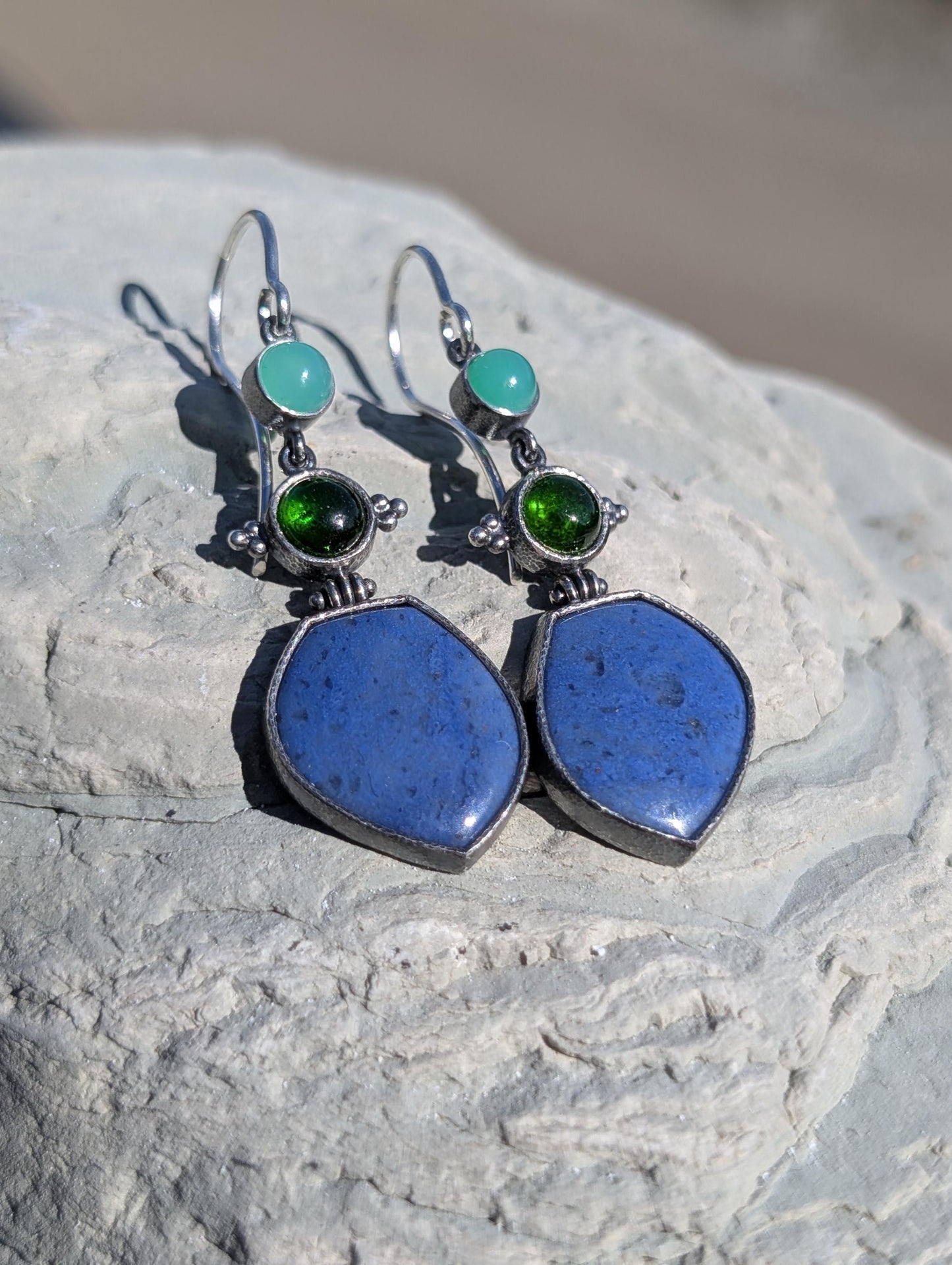 Blue Dumortierite Earrings, Chrome Diopside Earrings, Chrysoprase Earrings, Sterling Silver