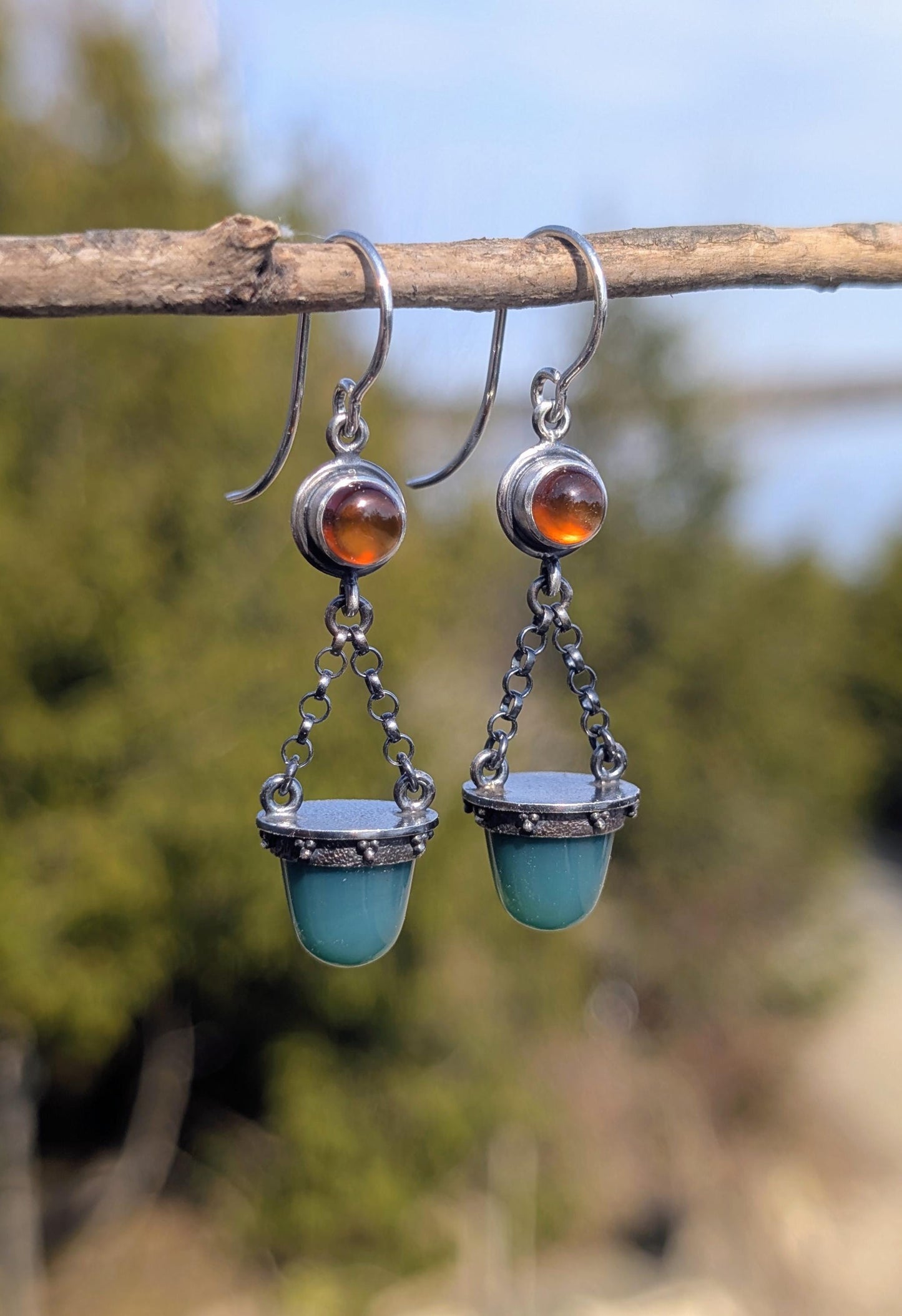 Chrome Green Chalcedony Earrings, Hessonite Garnet Earrings, Sterling Silver