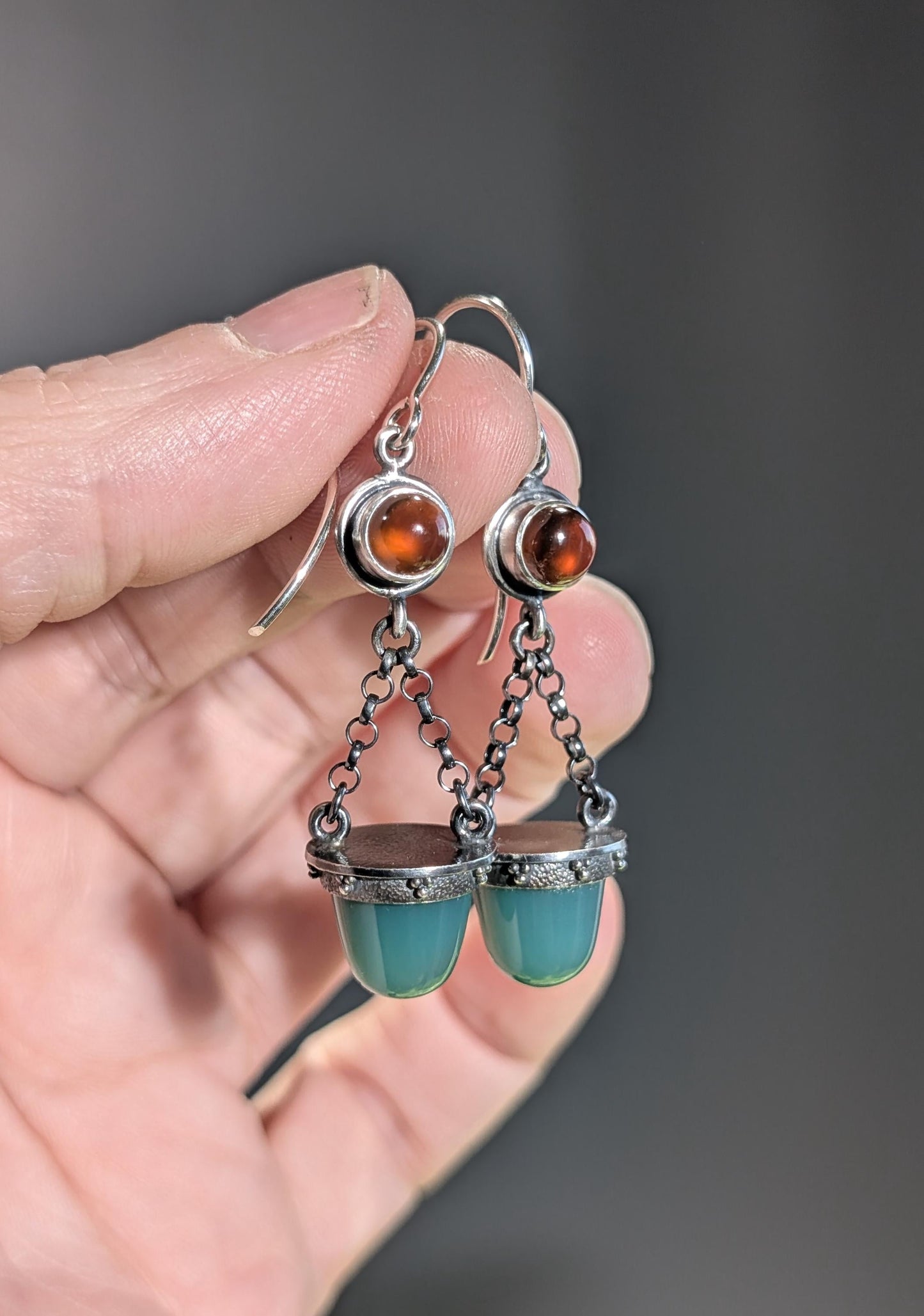 Chrome Green Chalcedony Earrings, Hessonite Garnet Earrings, Sterling Silver