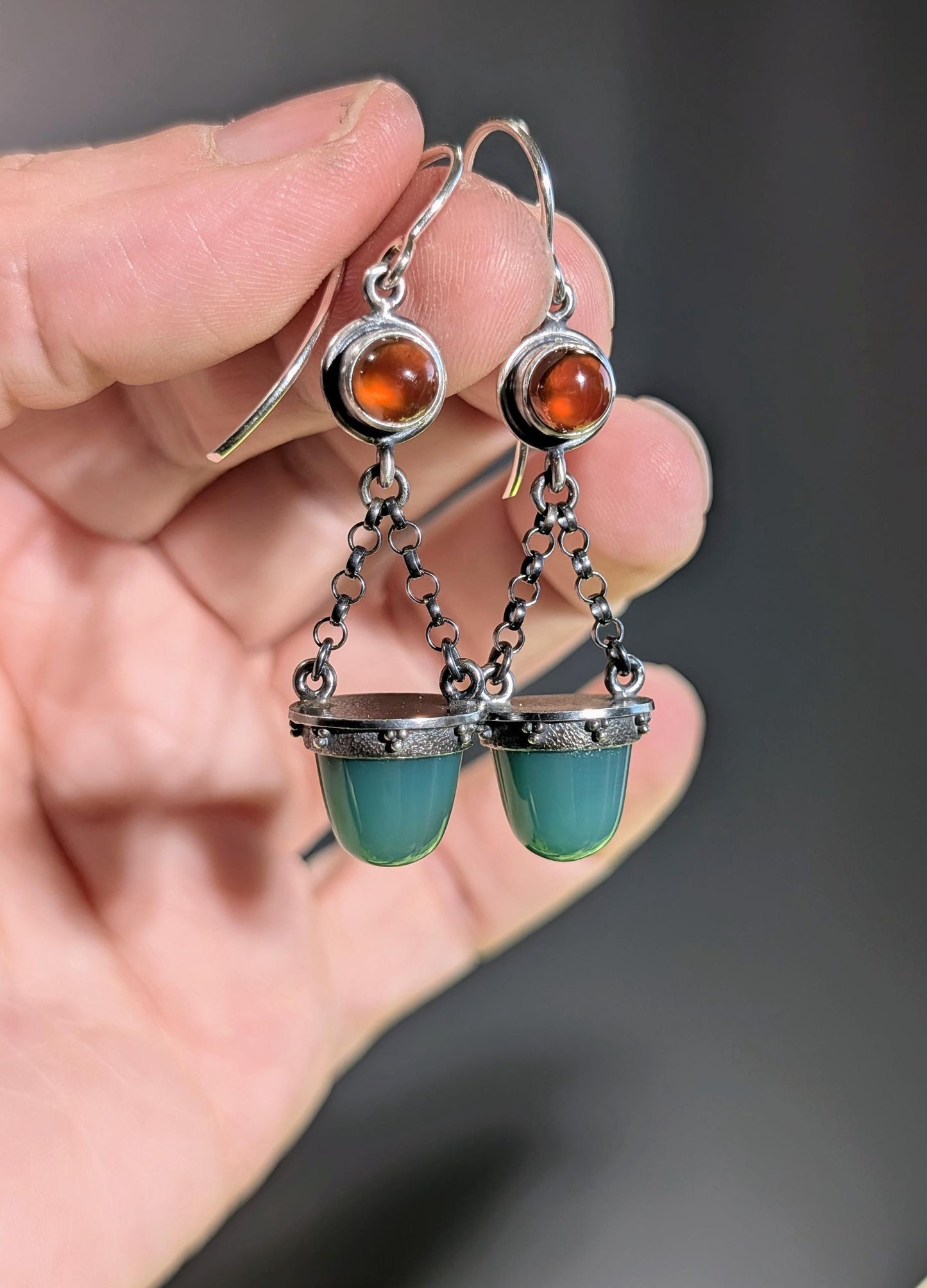 Chrome Green Chalcedony Earrings, Hessonite Garnet Earrings, Sterling Silver