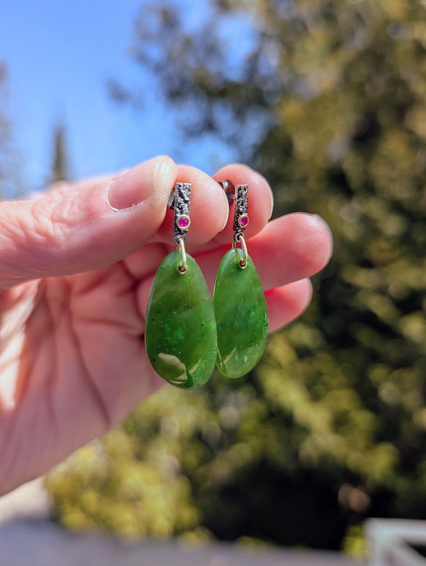 Mount Cassiar BC Chrome Green Jade Earrings, Mogok Ruby Earrings, Sterling Silver, 18K Gold