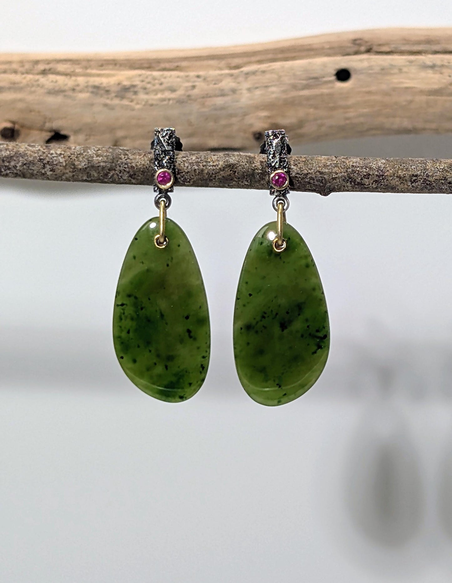 Mount Cassiar BC Chrome Green Jade Earrings, Mogok Ruby Earrings, Sterling Silver, 18K Gold