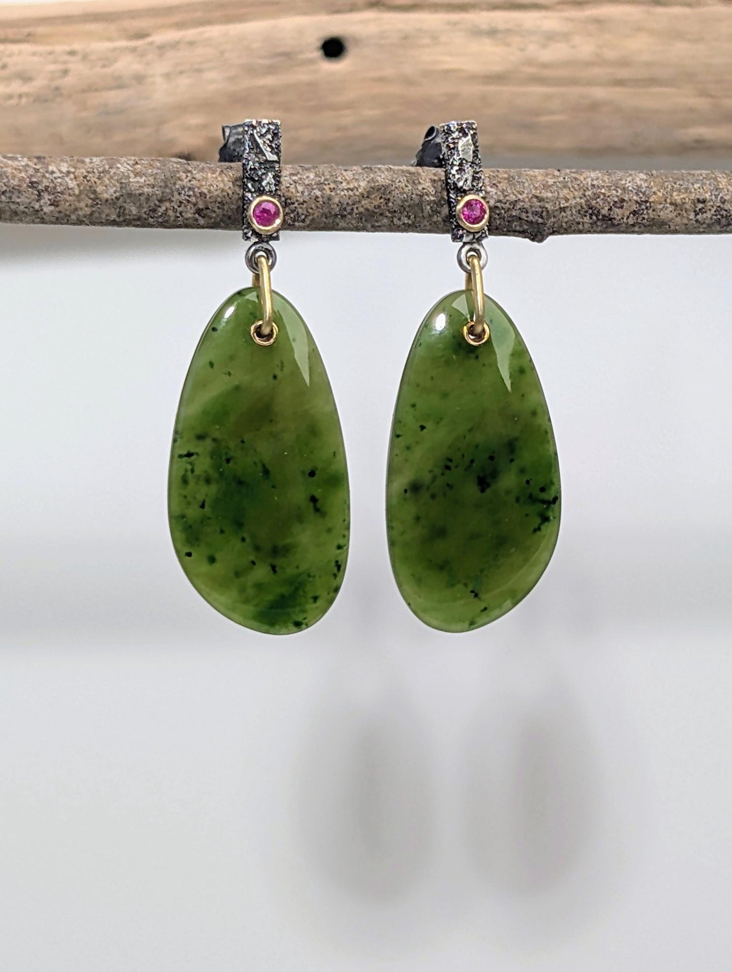 Mount Cassiar BC Chrome Green Jade Earrings, Mogok Ruby Earrings, Sterling Silver, 18K Gold