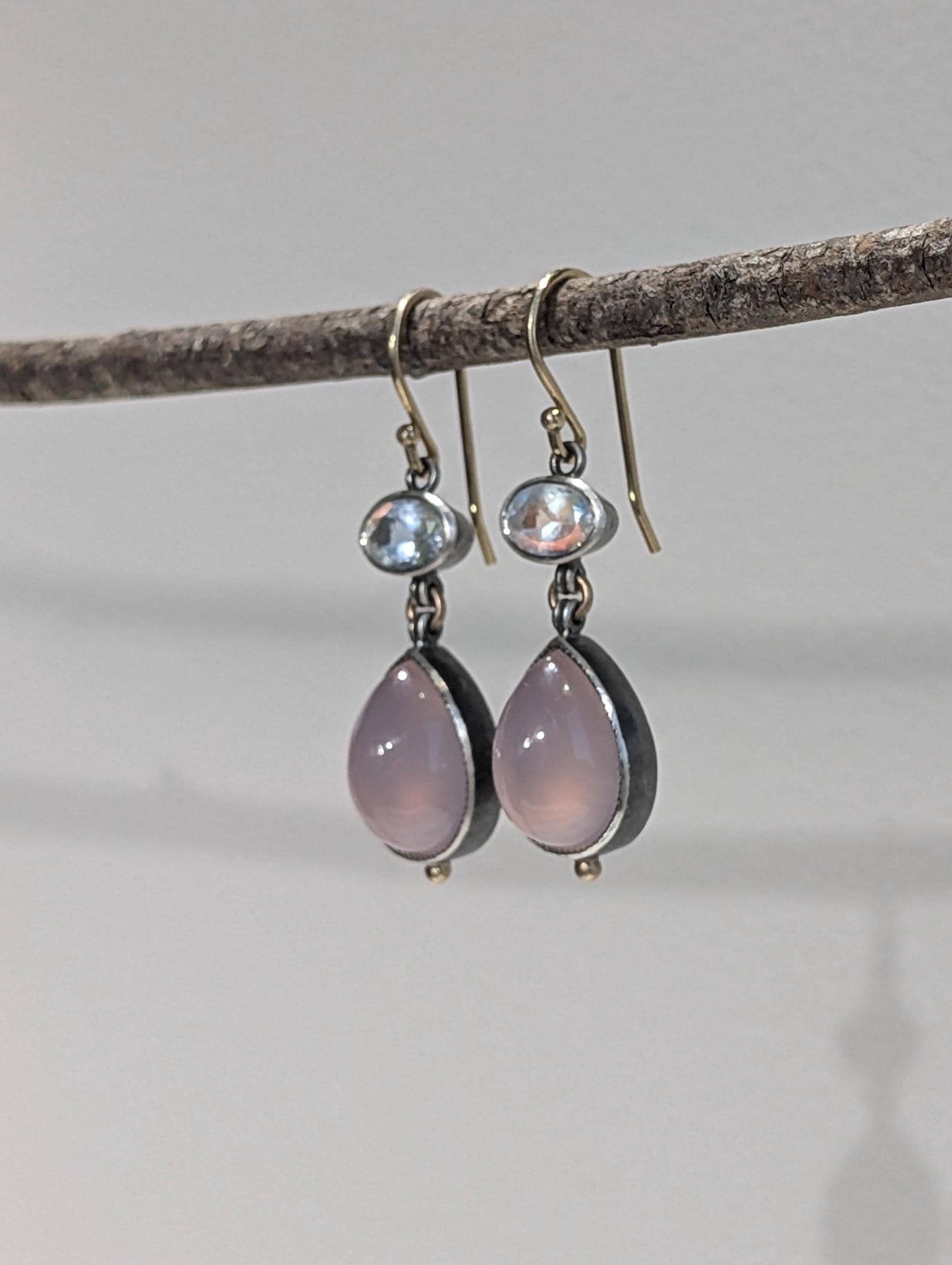 Rose Quartz and Madagascar Moonstone Earrings, Sterling Silver, 14K Gold