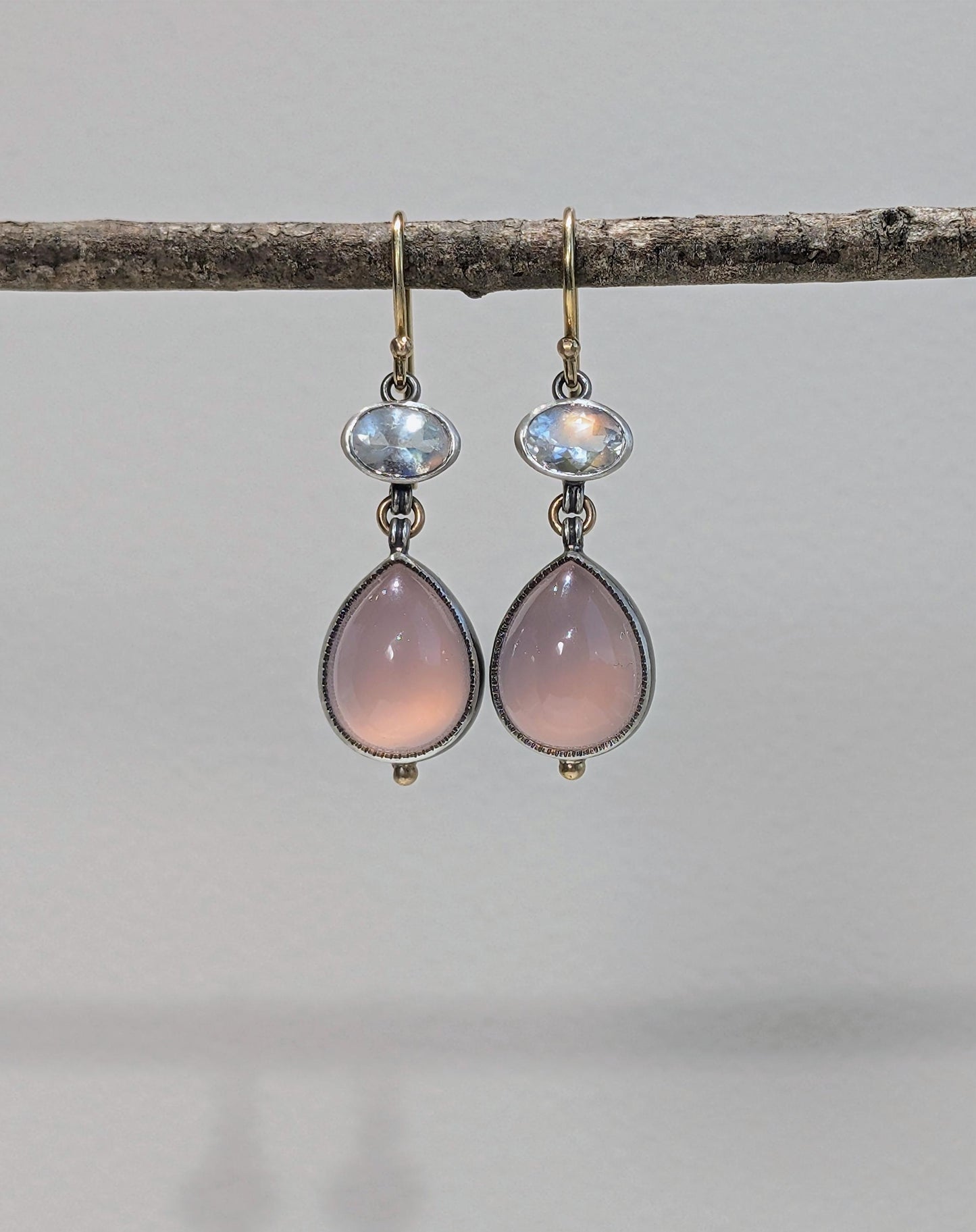 Rose Quartz and Madagascar Moonstone Earrings, Sterling Silver, 14K Gold