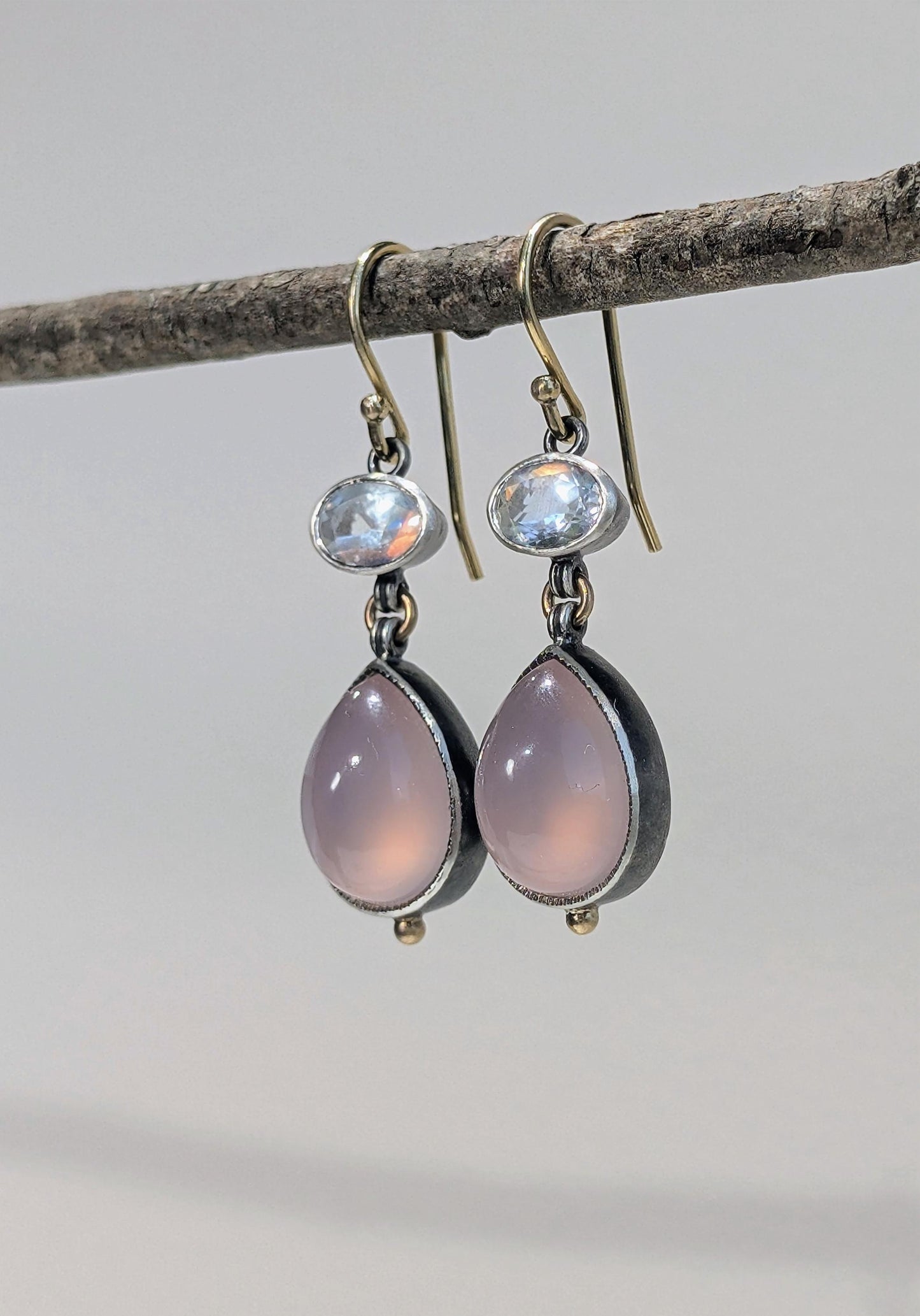Rose Quartz and Madagascar Moonstone Earrings, Sterling Silver, 14K Gold