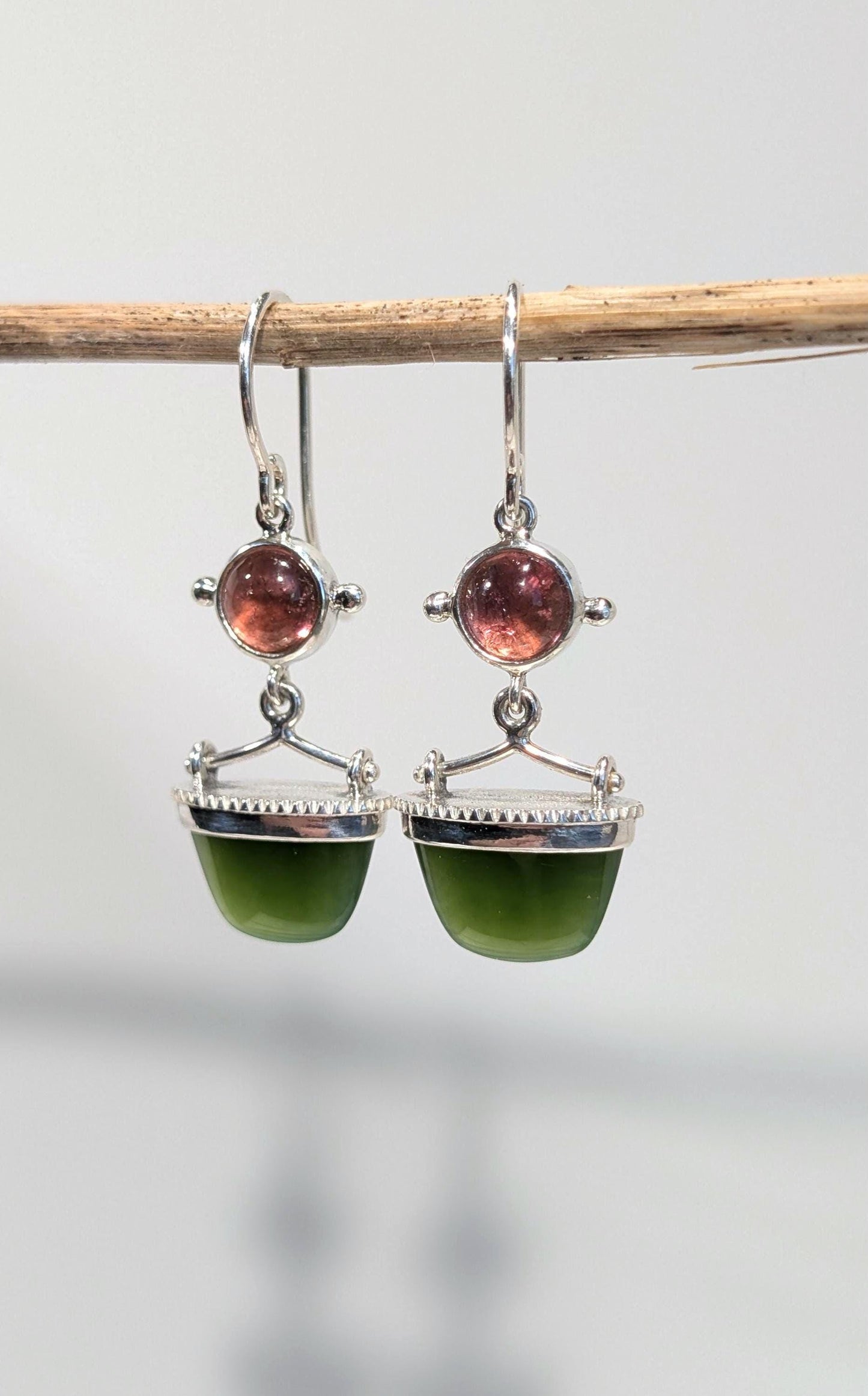 Canadian Green Jade and Tourmaline Earrings | Sterling Silver Statement Earrings | Handmade Artisan Gemstone Jewelry