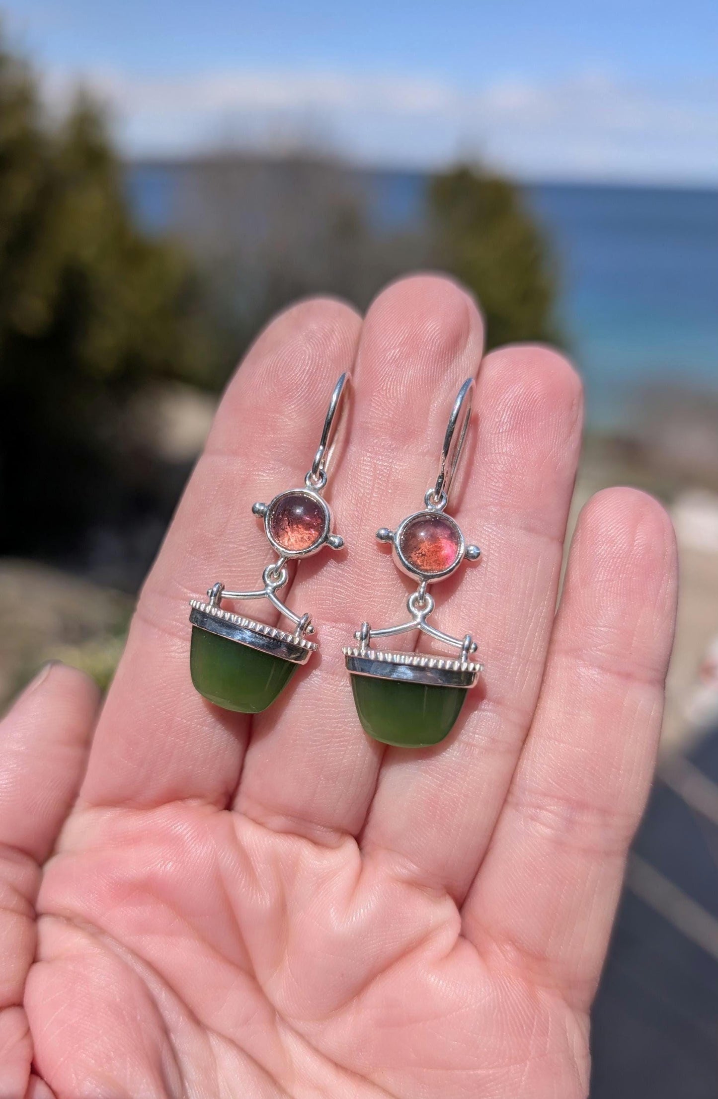 Canadian Green Jade and Tourmaline Earrings | Sterling Silver Statement Earrings | Handmade Artisan Gemstone Jewelry