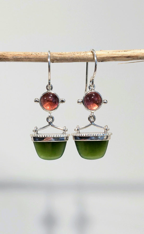 Canadian Green Jade and Tourmaline Earrings | Sterling Silver Statement Earrings | Handmade Artisan Gemstone Jewelry