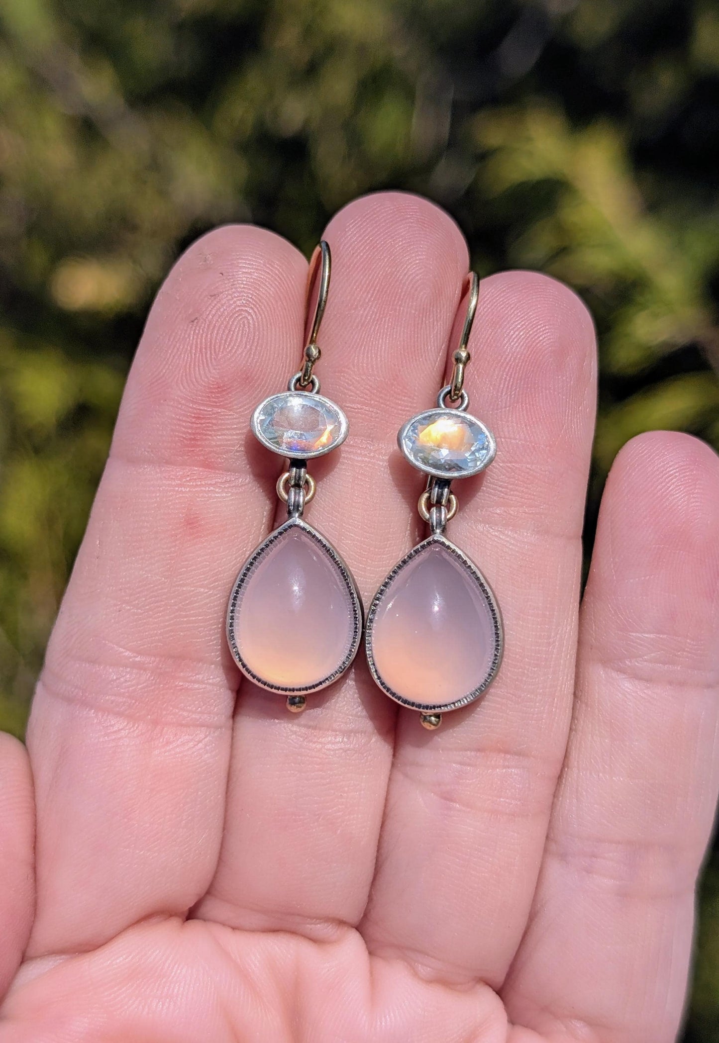 Rose Quartz and Madagascar Moonstone Earrings, Sterling Silver, 14K Gold