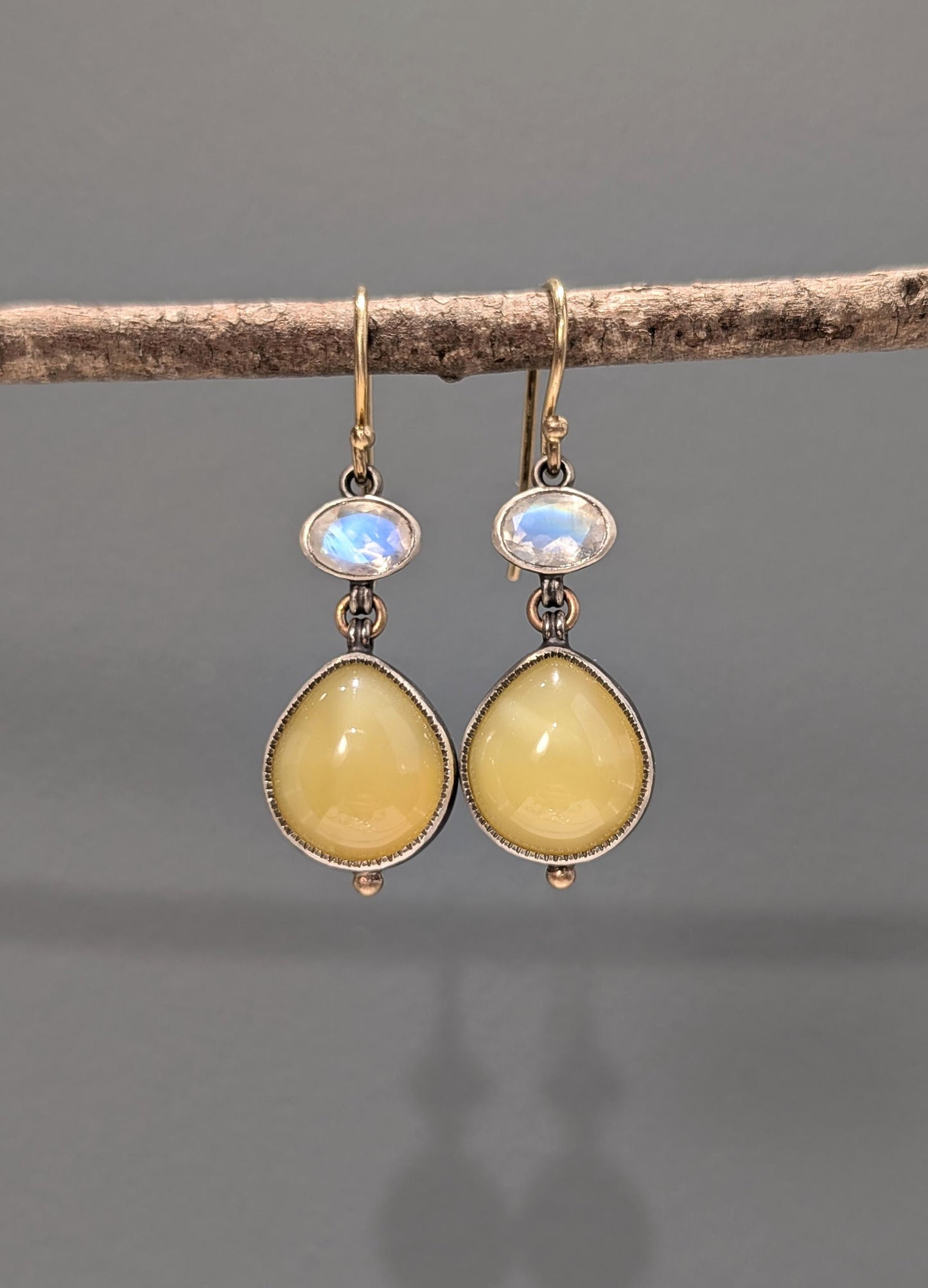 Yellow Opal and Rainbow Moonstone Earrings, Sterling Silver, 14K Gold