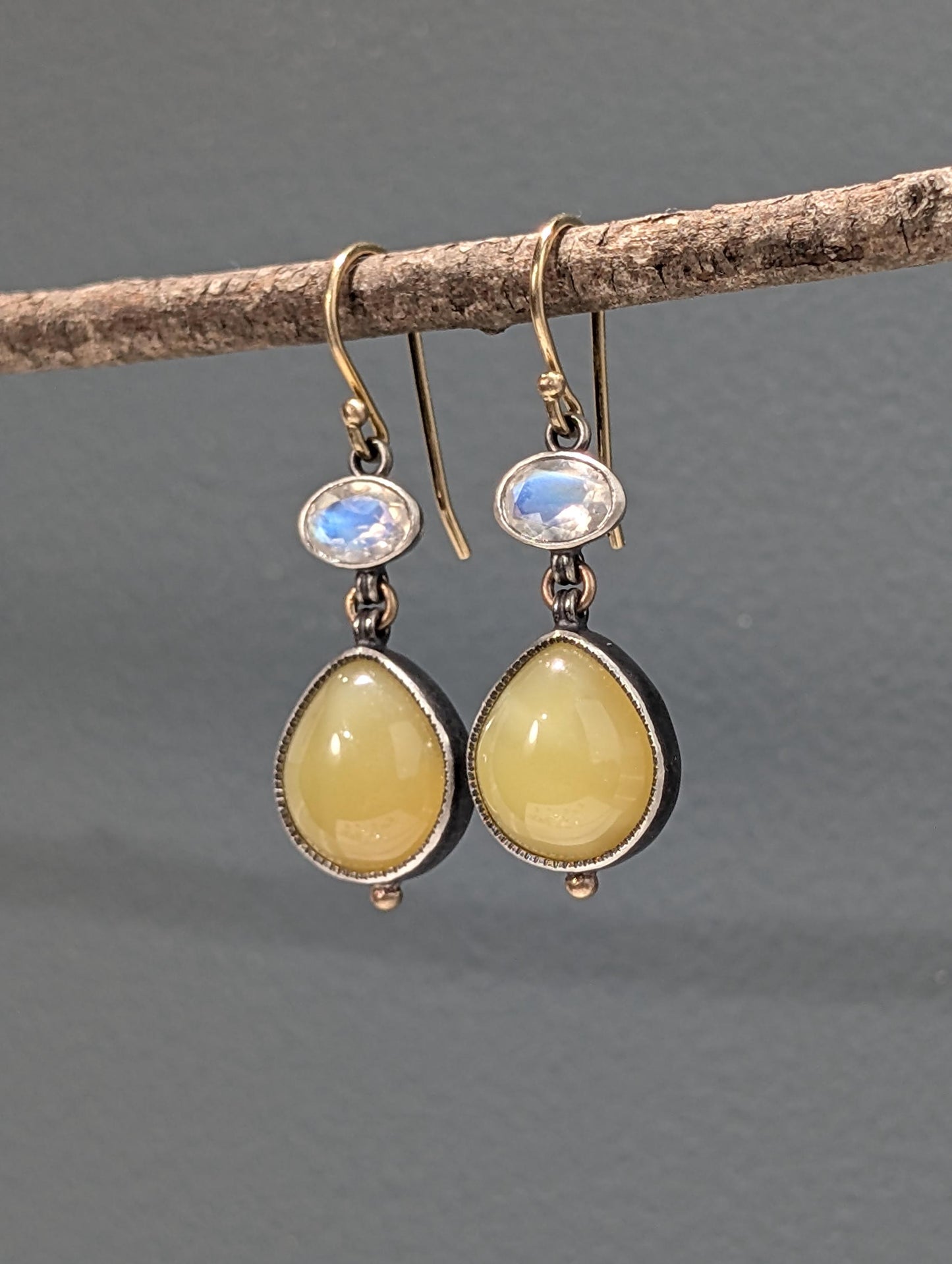 Yellow Opal and Rainbow Moonstone Earrings, Sterling Silver, 14K Gold