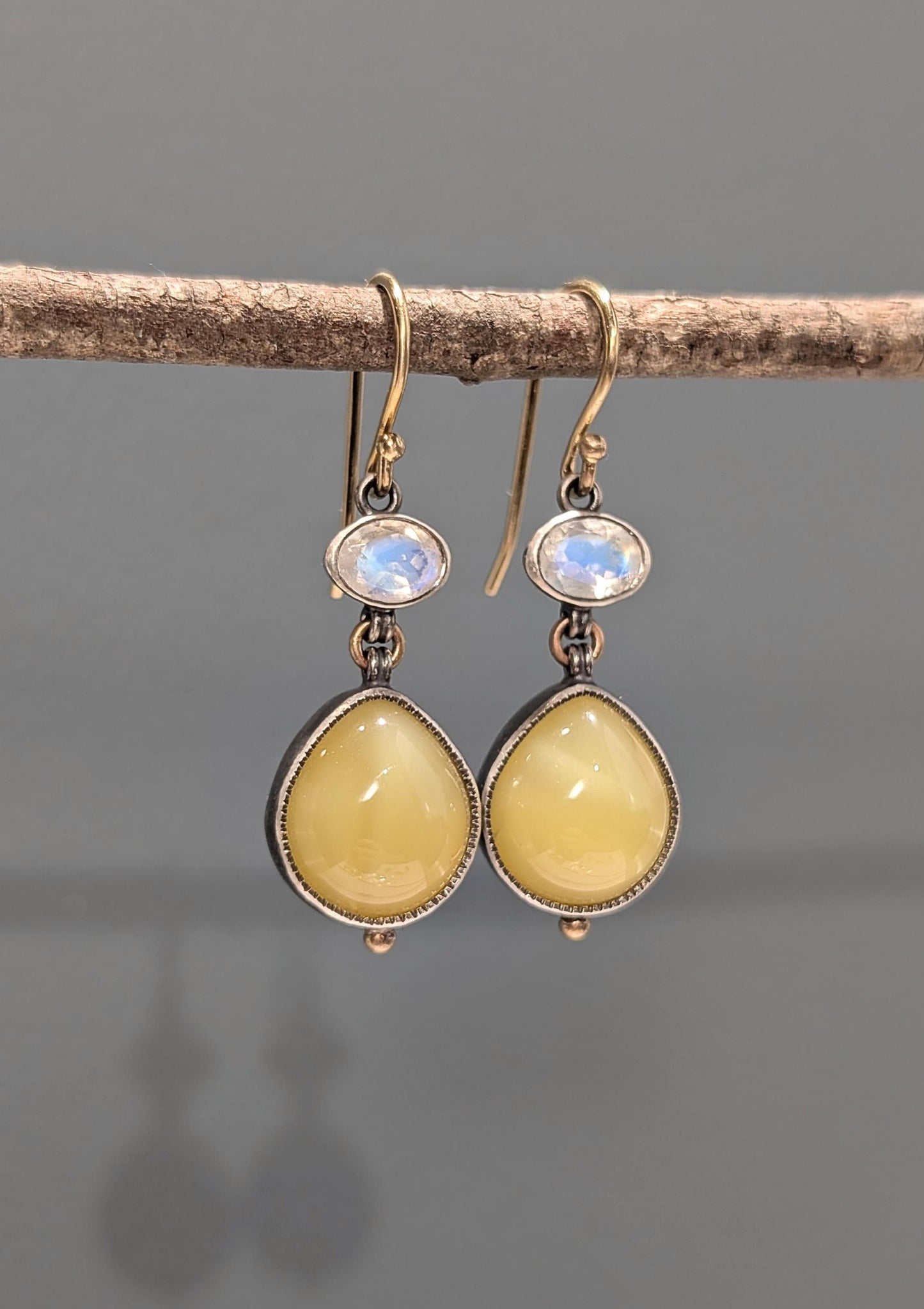 Yellow Opal and Rainbow Moonstone Earrings, Sterling Silver, 14K Gold
