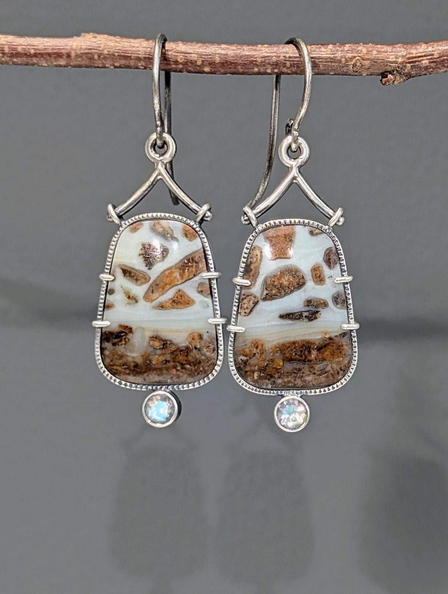 BC Ocean Picturestone and Rainbow Moonstone Earrings, Sterling Silver