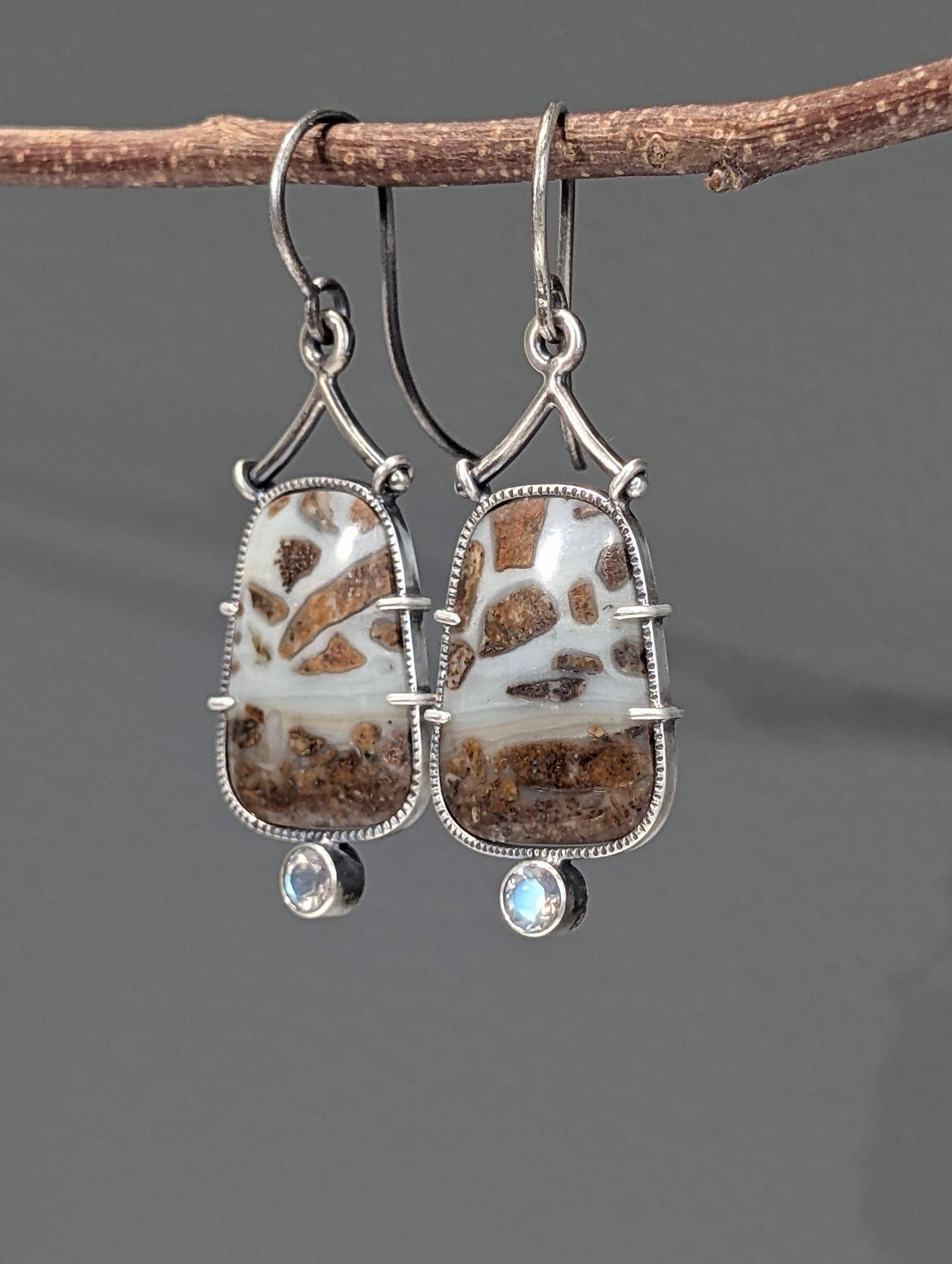 BC Ocean Picturestone and Rainbow Moonstone Earrings, Sterling Silver