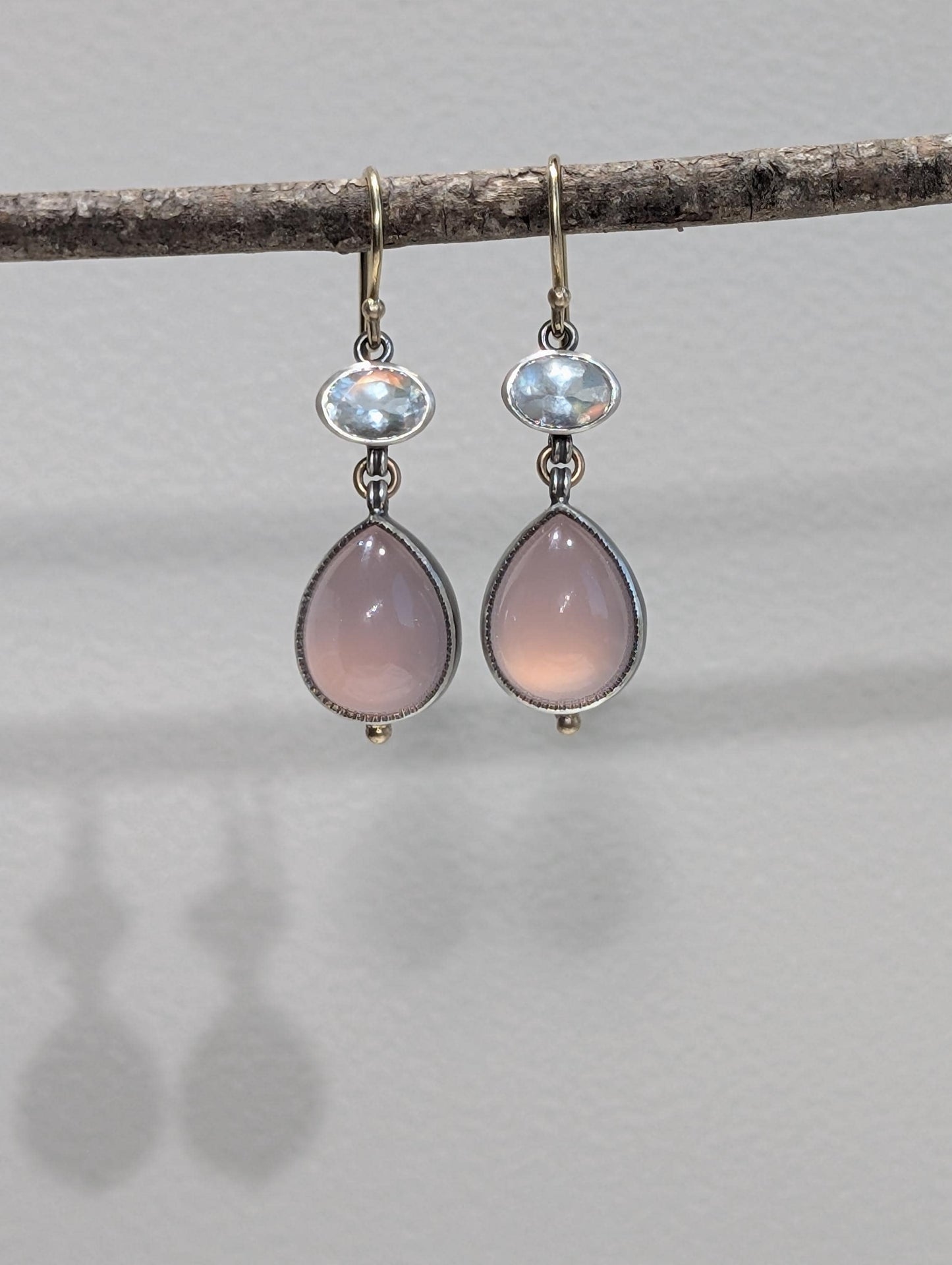Rose Quartz and Madagascar Moonstone Earrings, Sterling Silver, 14K Gold