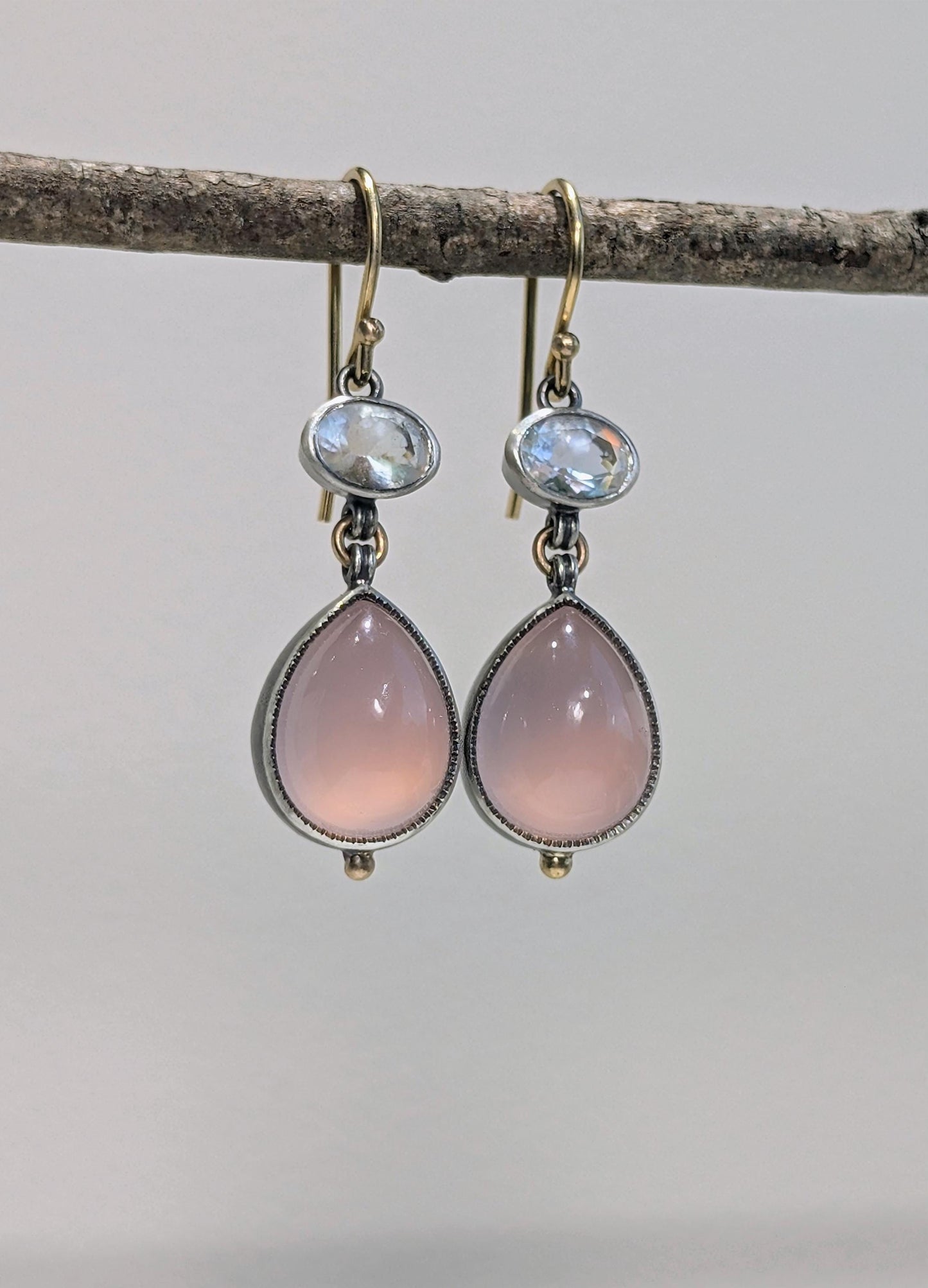 Rose Quartz and Madagascar Moonstone Earrings, Sterling Silver, 14K Gold