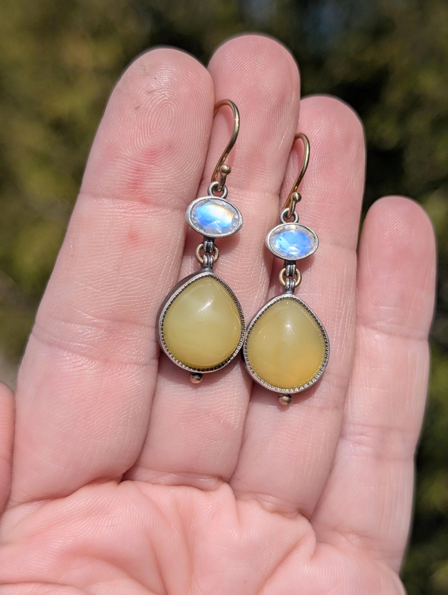 Yellow Opal and Rainbow Moonstone Earrings, Sterling Silver, 14K Gold