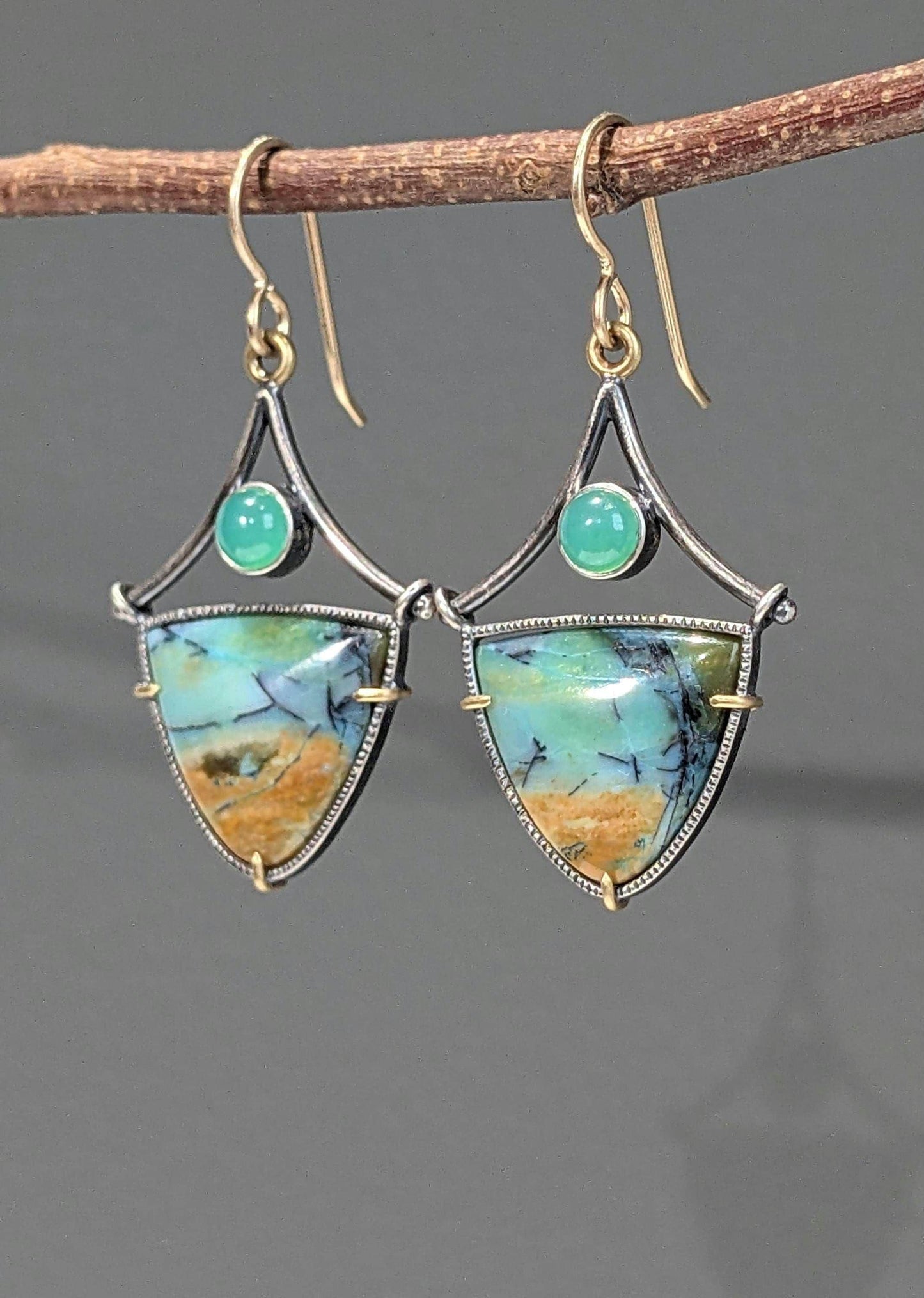 Scenic Opalized Wood and Chrysoprase Earrings, Sterling Silver, 18K Gold