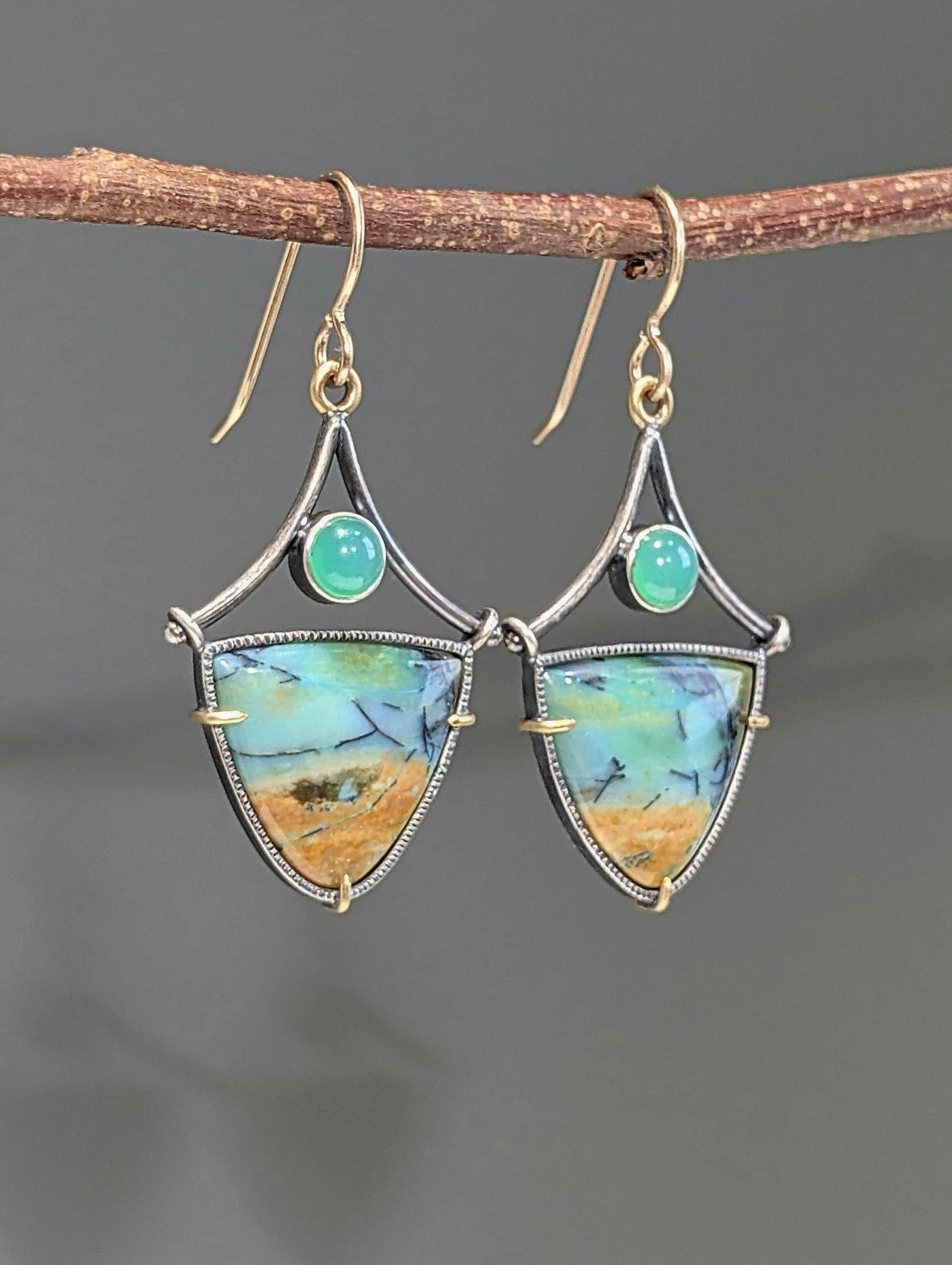 Scenic Opalized Wood and Chrysoprase Earrings, Sterling Silver, 18K Gold