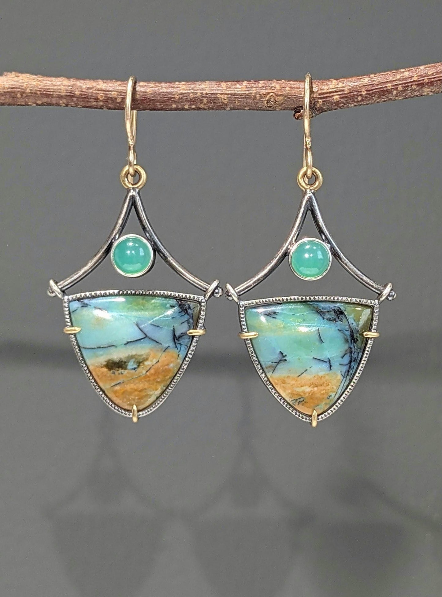 Scenic Opalized Wood and Chrysoprase Earrings, Sterling Silver, 18K Gold