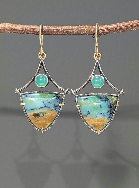 Scenic Opalized Wood and Chrysoprase Earrings, Sterling Silver, 18K Gold