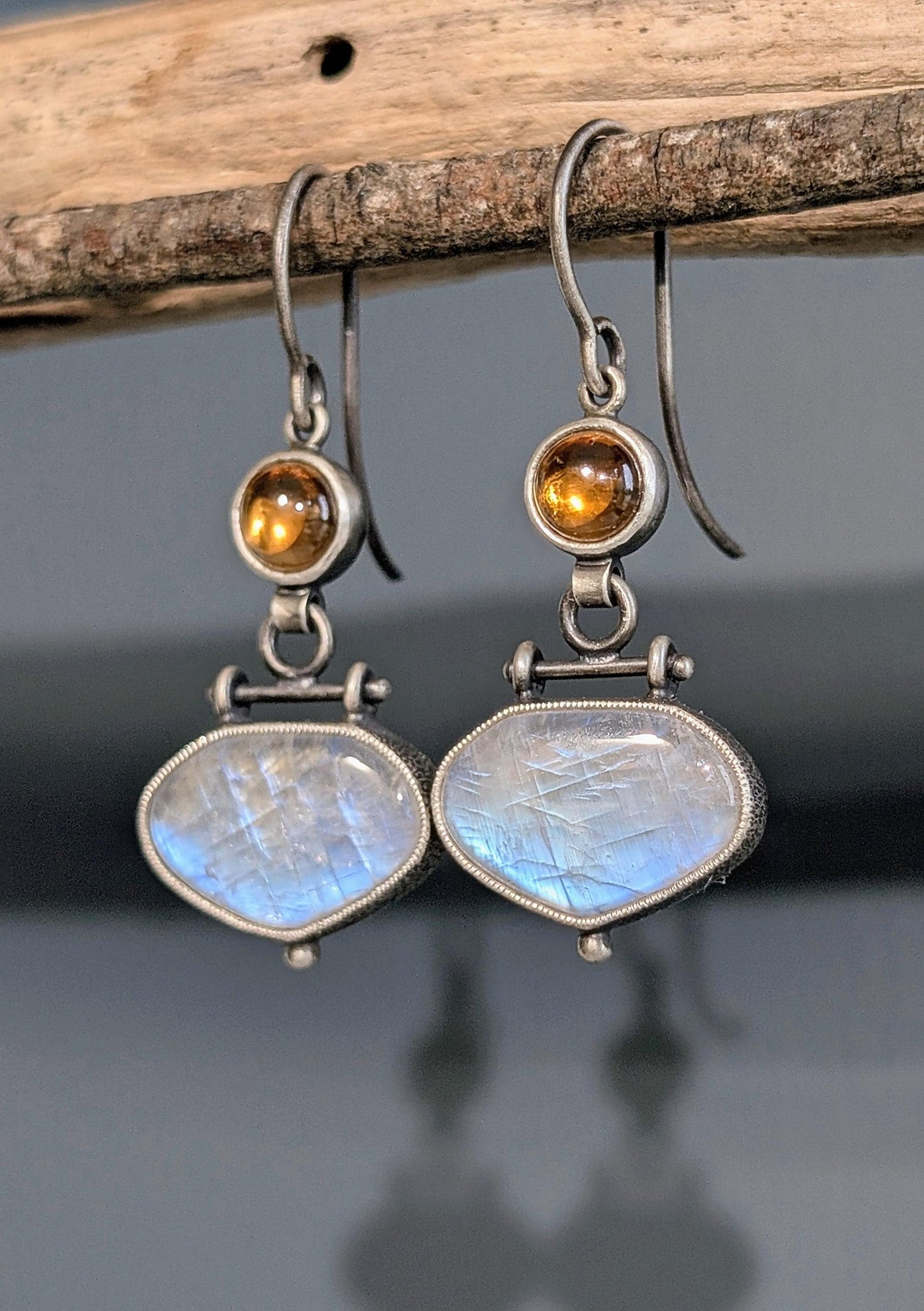 Rainbow Moonstone and Cognac Zircon Earrings, Sterling Silver