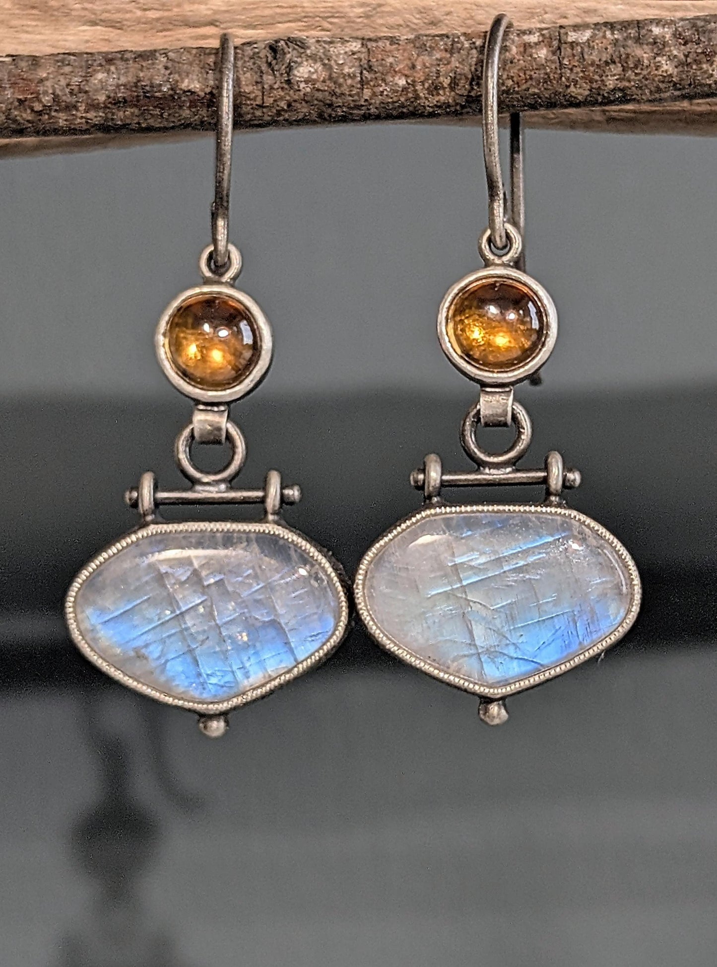 Rainbow Moonstone and Cognac Zircon Earrings, Sterling Silver