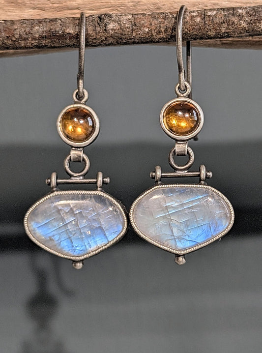 Rainbow Moonstone and Cognac Zircon Earrings, Sterling Silver