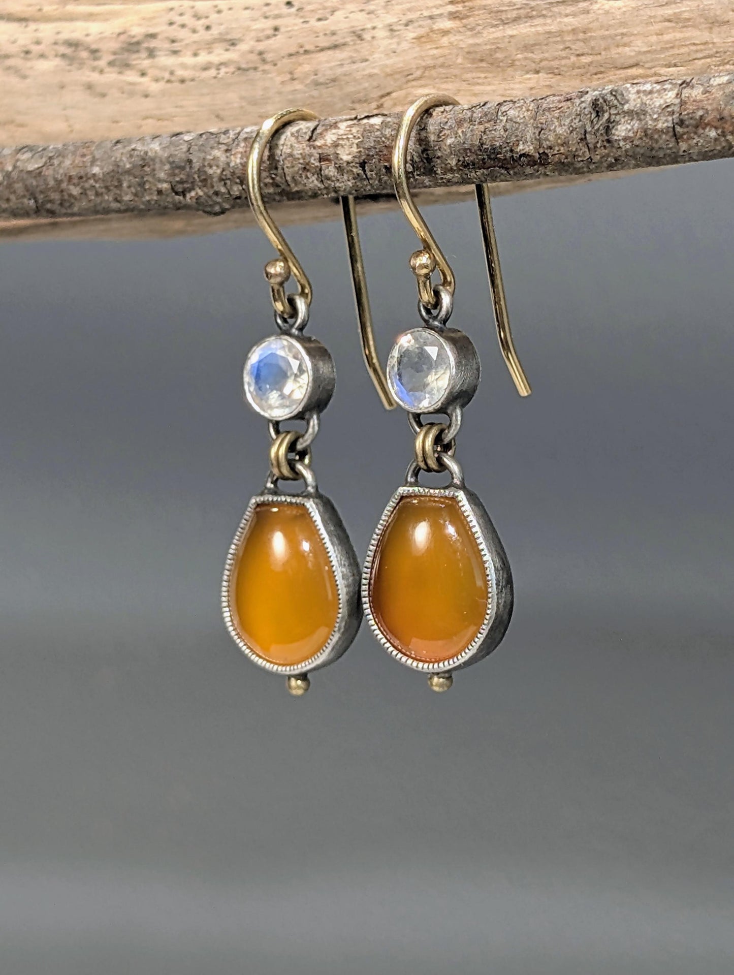 Carnelian and Moonstone Earrings, Sterling Silver, 18K Gold