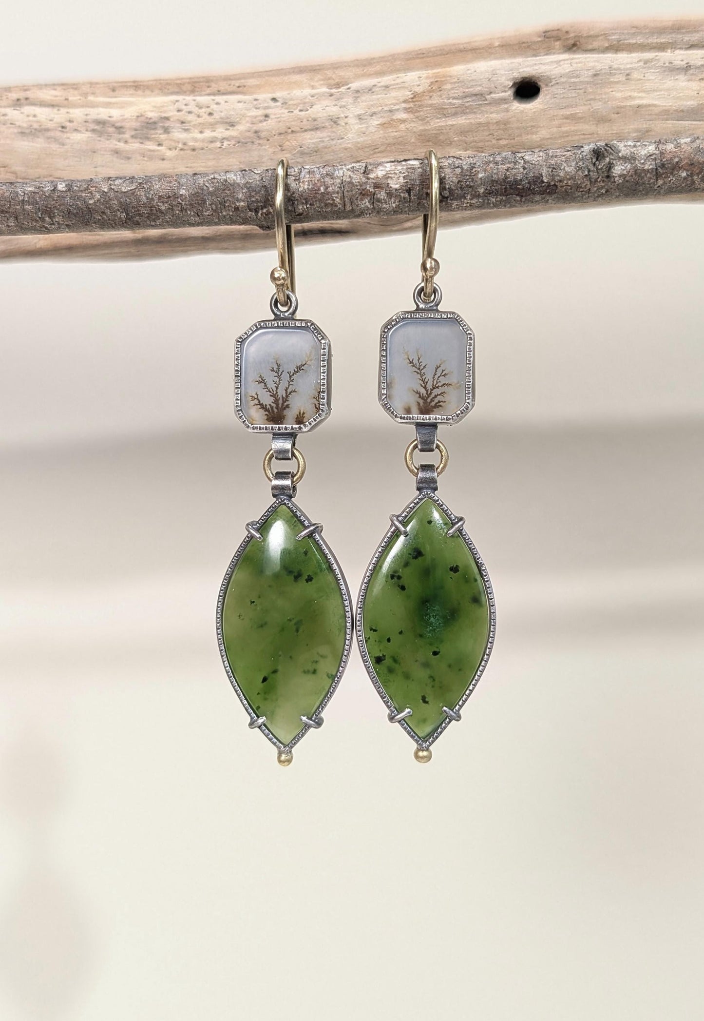 Canadian Green Jade and Dendritic Agate Earrings, Sterling Silver and 18K Gold