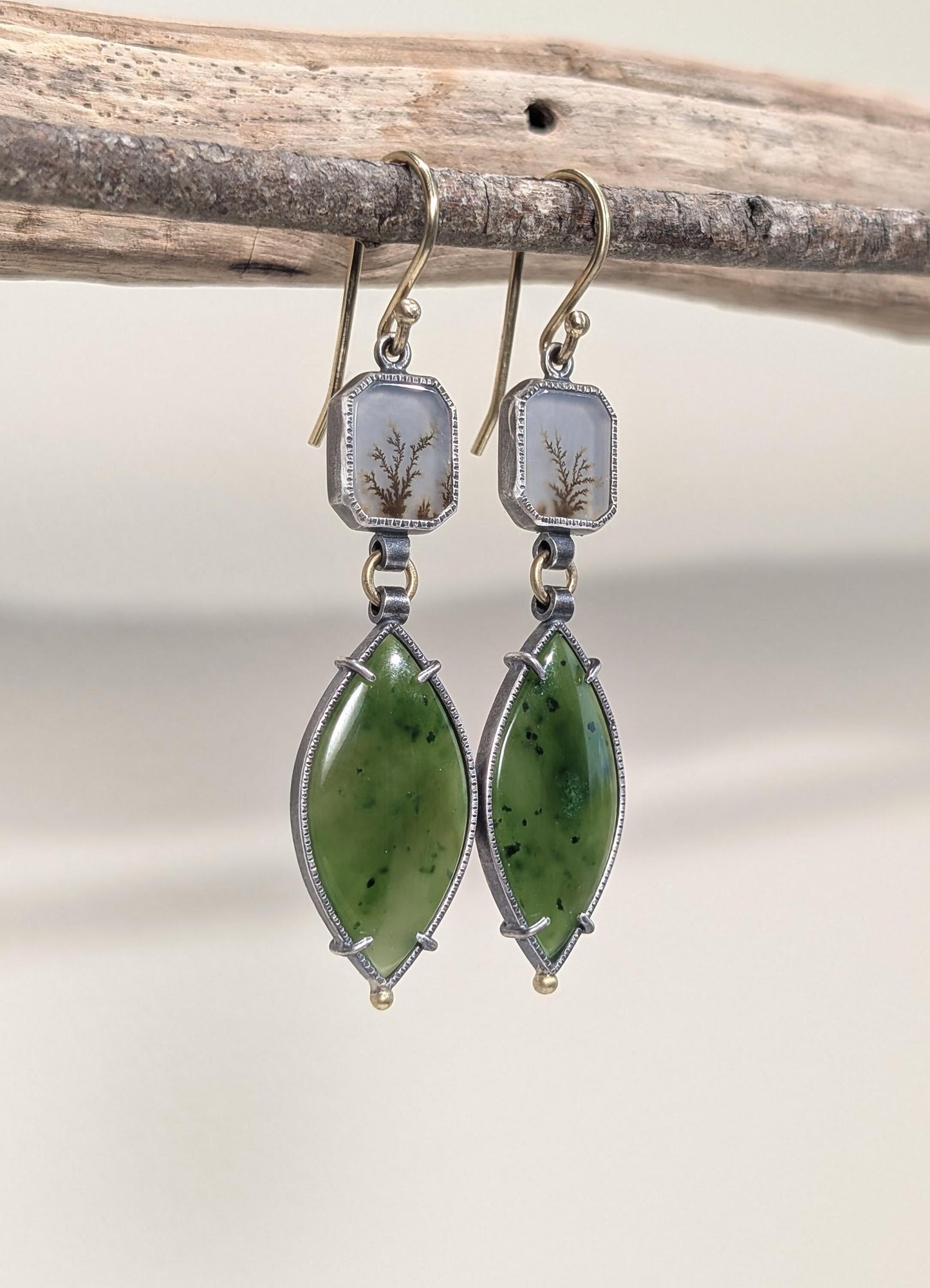 Canadian Green Jade and Dendritic Agate Earrings, Sterling Silver and 18K Gold