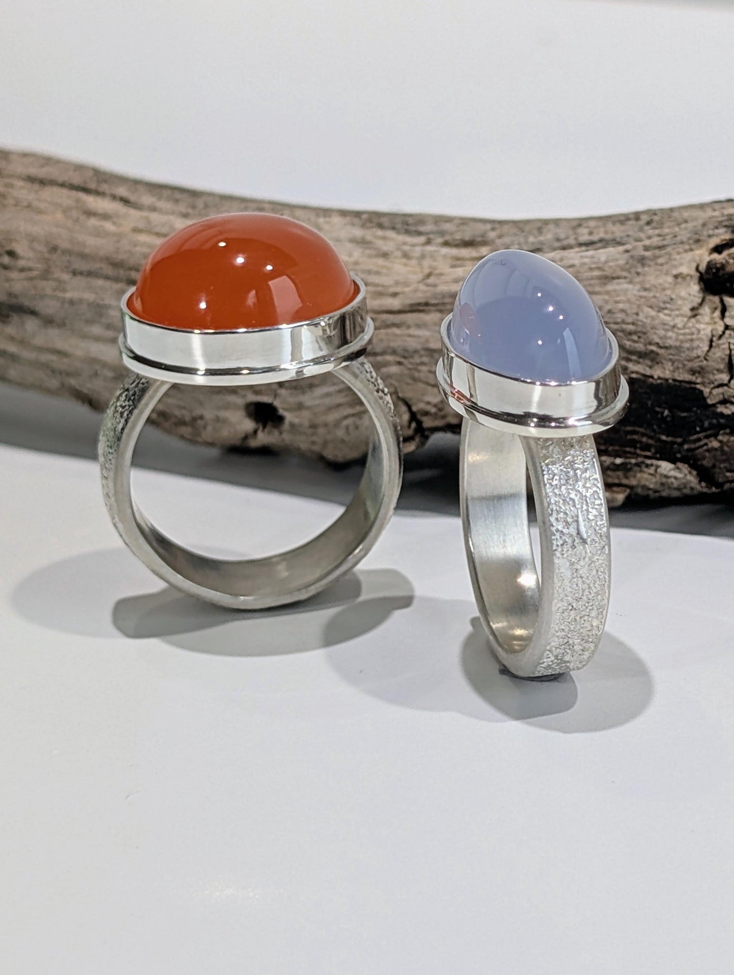 Blue Chalcedony Ring, East-West Sterling Silver Fused Ring