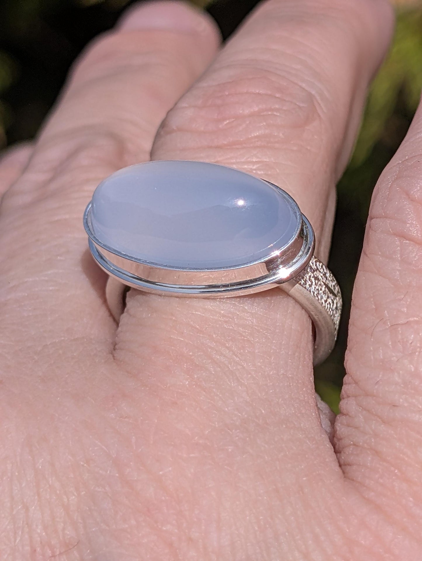 Blue Chalcedony Ring, East-West Sterling Silver Fused Ring