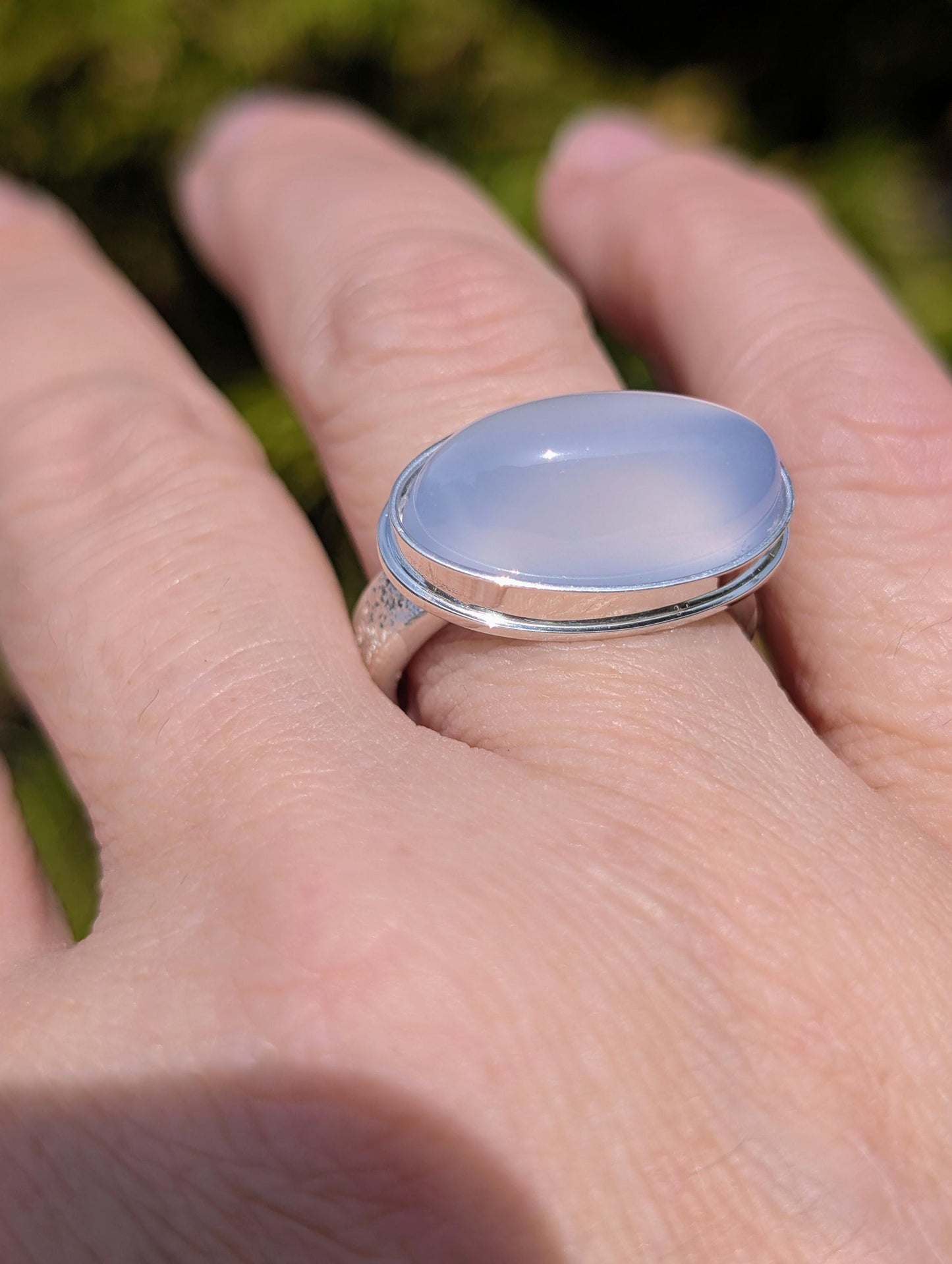 Blue Chalcedony Ring, East-West Sterling Silver Fused Ring