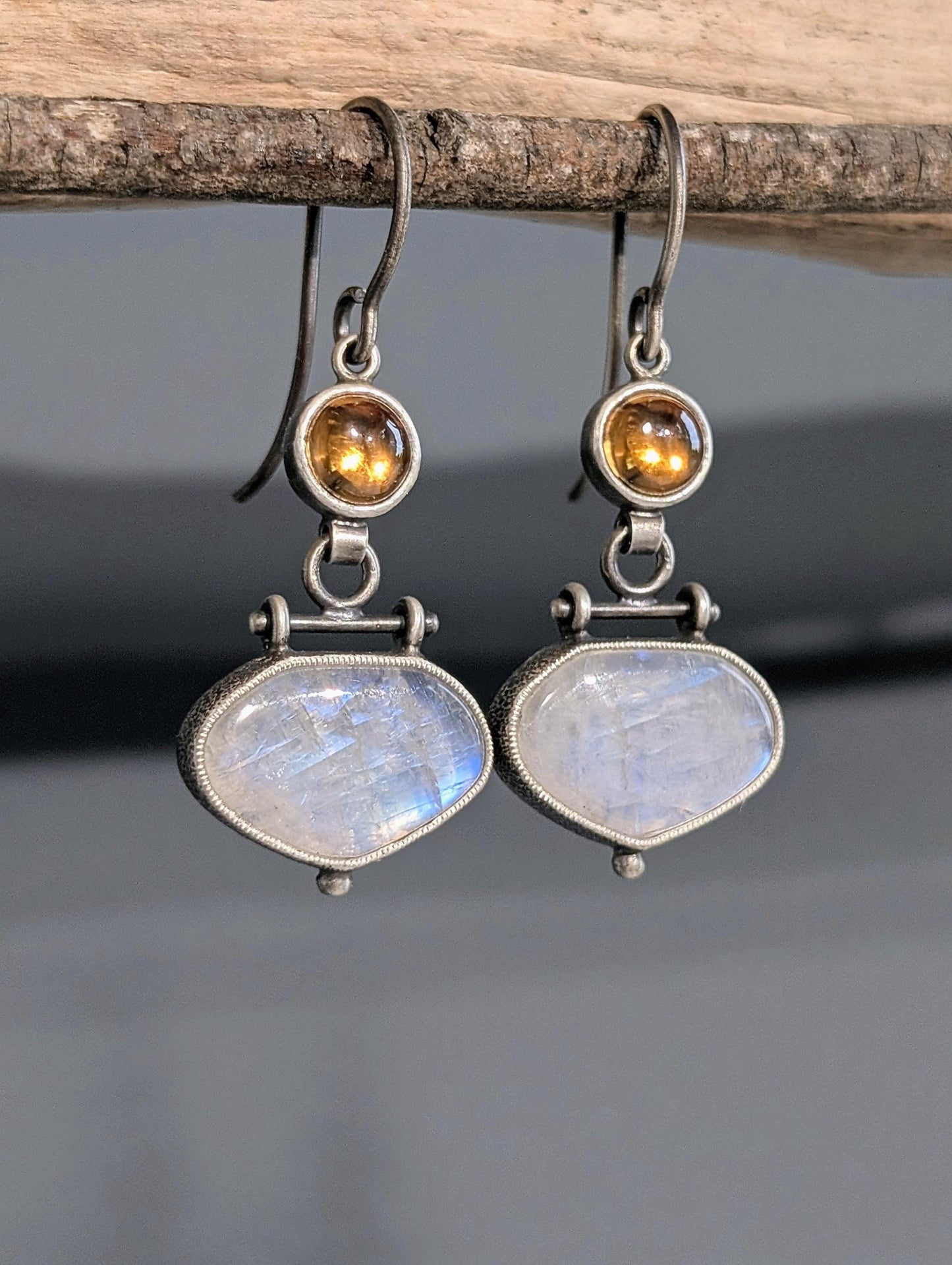 Rainbow Moonstone and Cognac Zircon Earrings, Sterling Silver