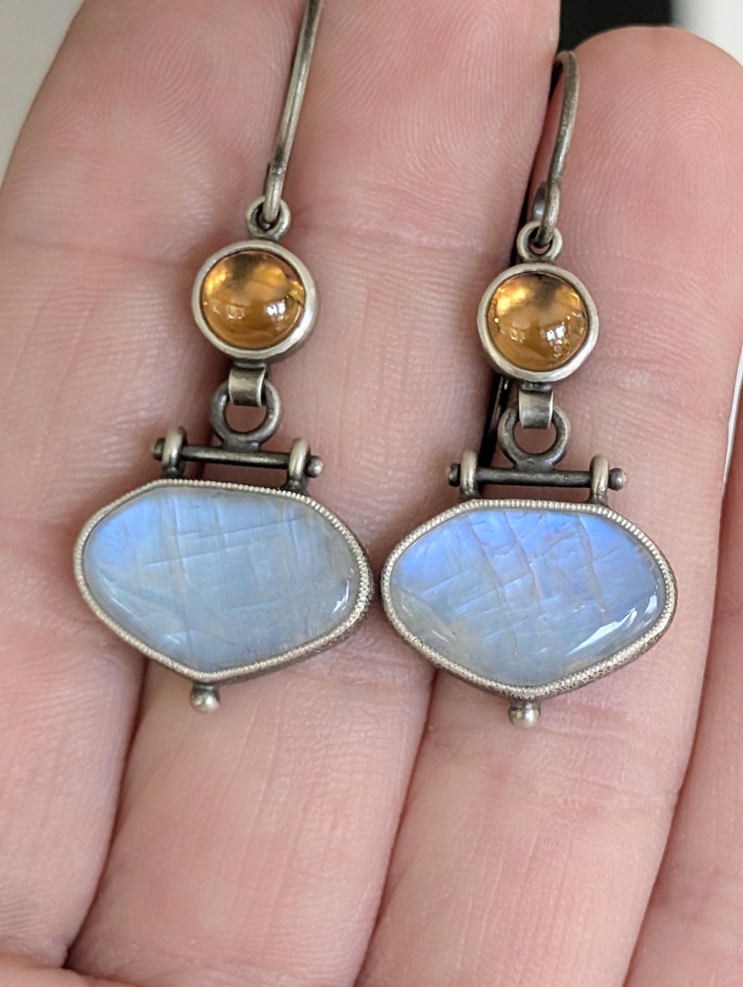 Rainbow Moonstone and Cognac Zircon Earrings, Sterling Silver