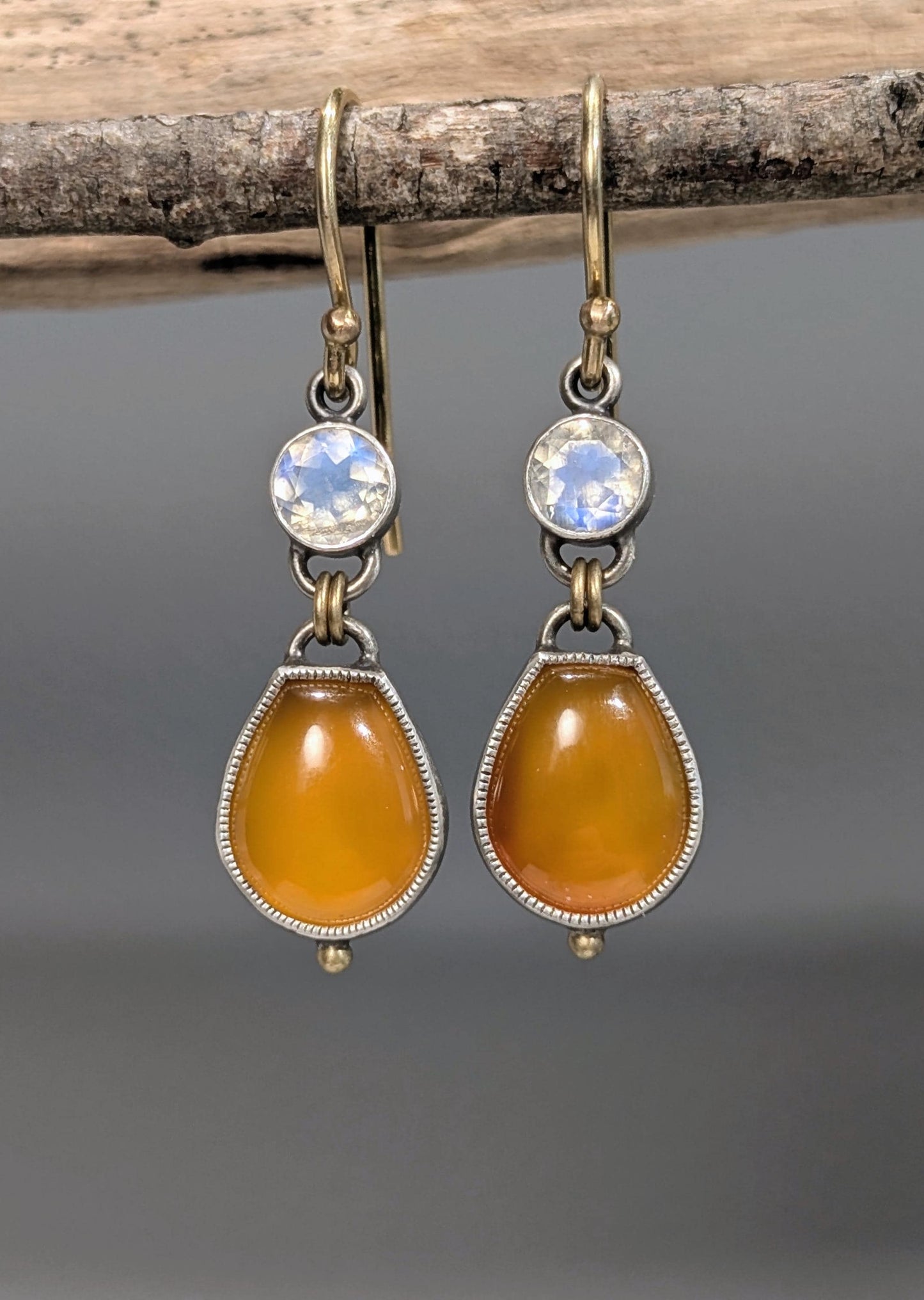 Carnelian and Moonstone Earrings, Sterling Silver, 18K Gold