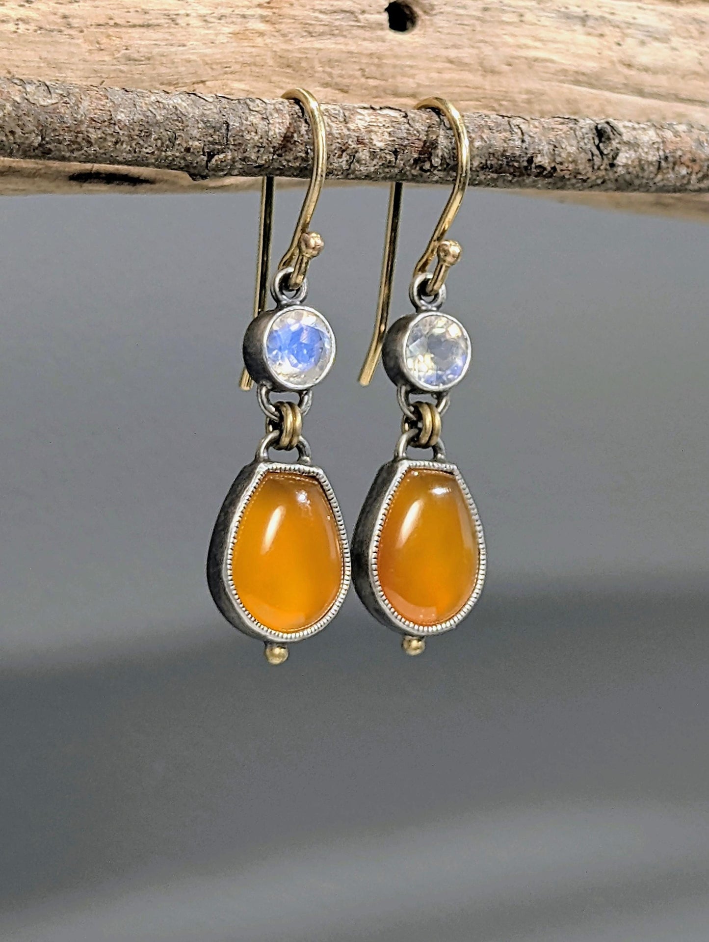 Carnelian and Moonstone Earrings, Sterling Silver, 18K Gold