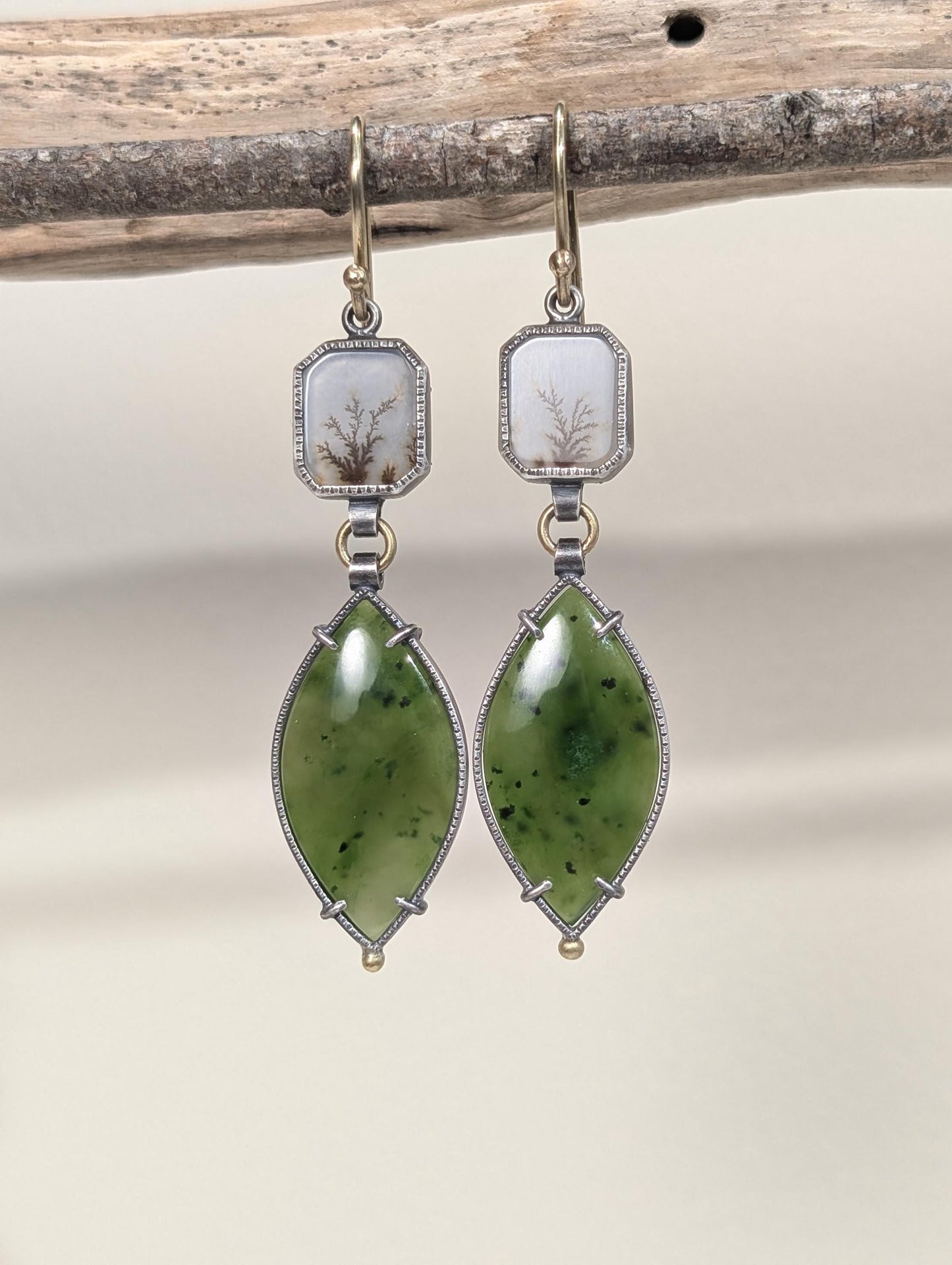 Canadian Green Jade and Dendritic Agate Earrings, Sterling Silver and 18K Gold