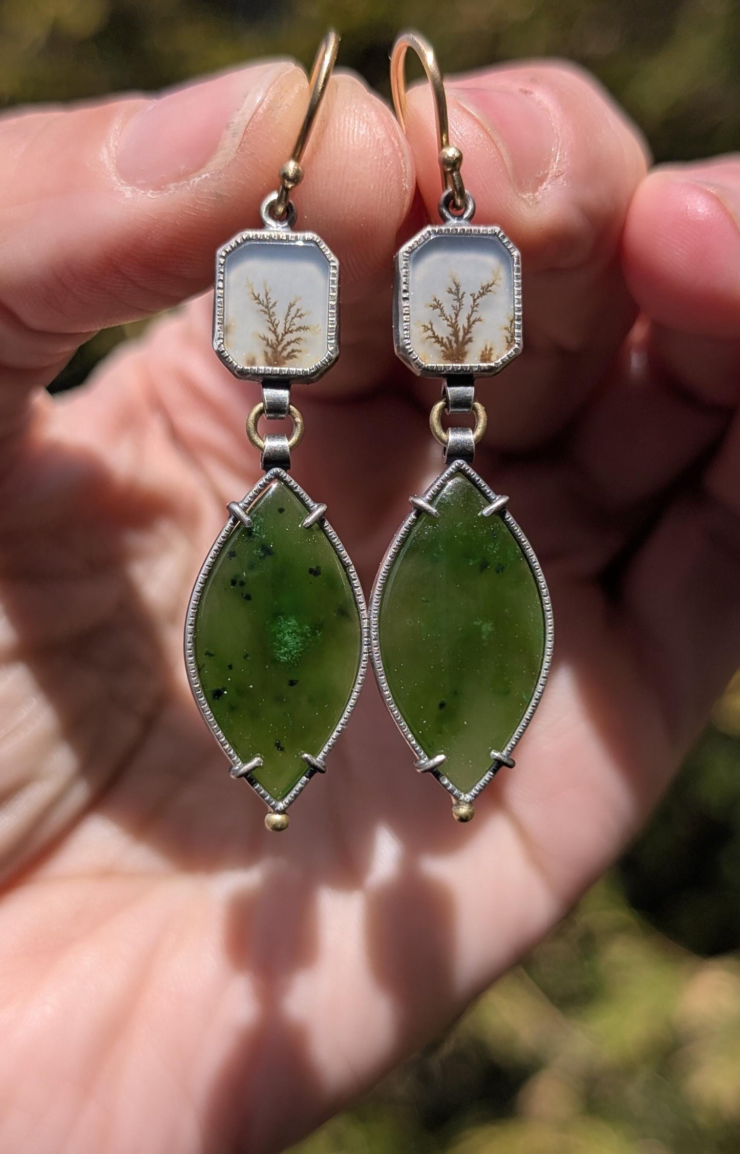 Canadian Green Jade and Dendritic Agate Earrings, Sterling Silver and 18K Gold