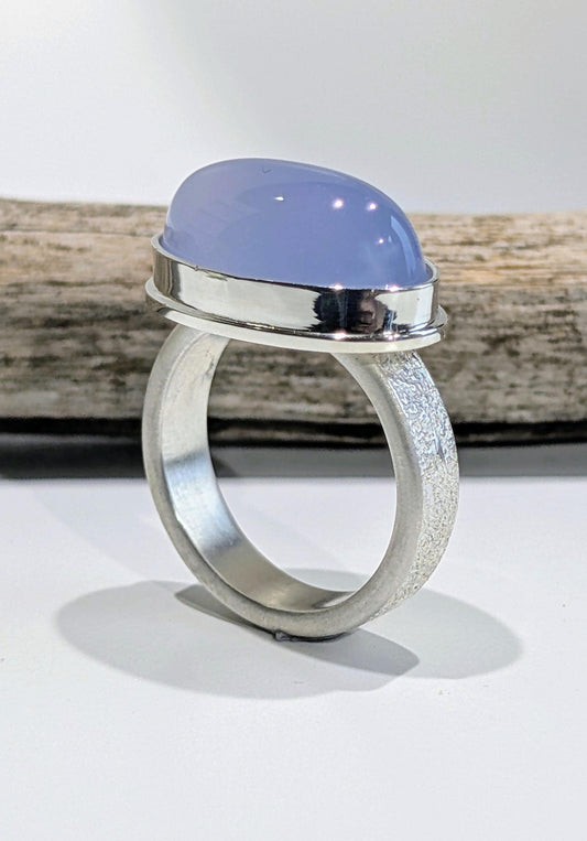 Blue Chalcedony Ring, East-West Sterling Silver Fused Ring