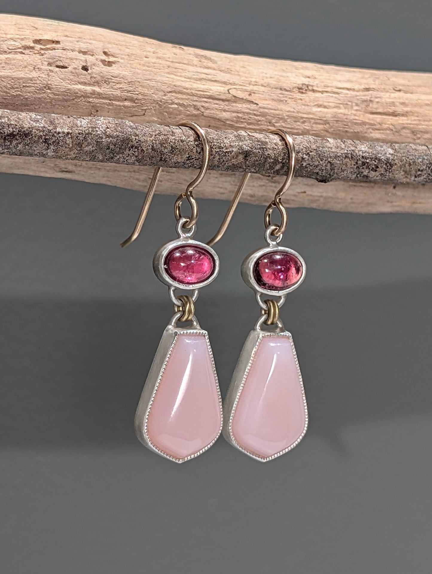 Pink Peruvian Opal and Pink Tourmaline Earrings, Sterling Silver and 18K Gold