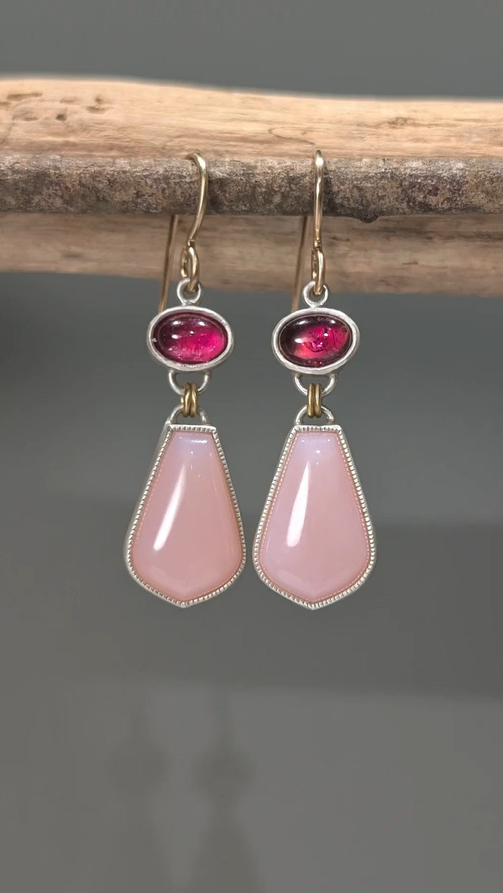 Pink Peruvian Opal and Pink Tourmaline Earrings, Sterling Silver and 18K Gold