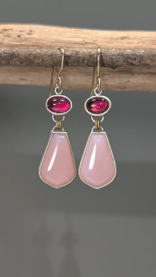 Pink Peruvian Opal and Pink Tourmaline Earrings, Sterling Silver and 18K Gold