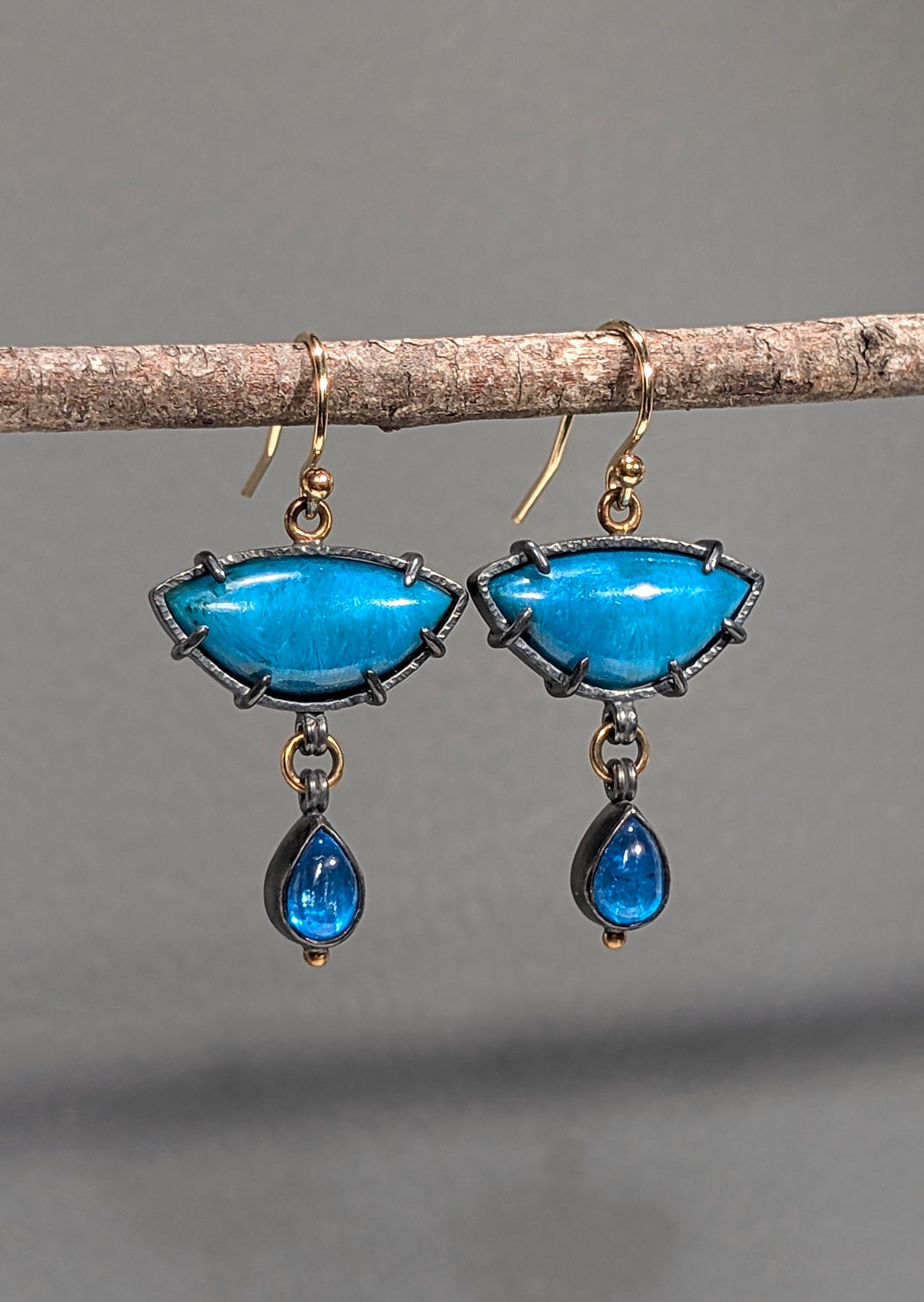 Ray Mine Sagenite Silicated Chrysocolla and Apatite Earrings, Sterling Silver, 18K Gold Accents