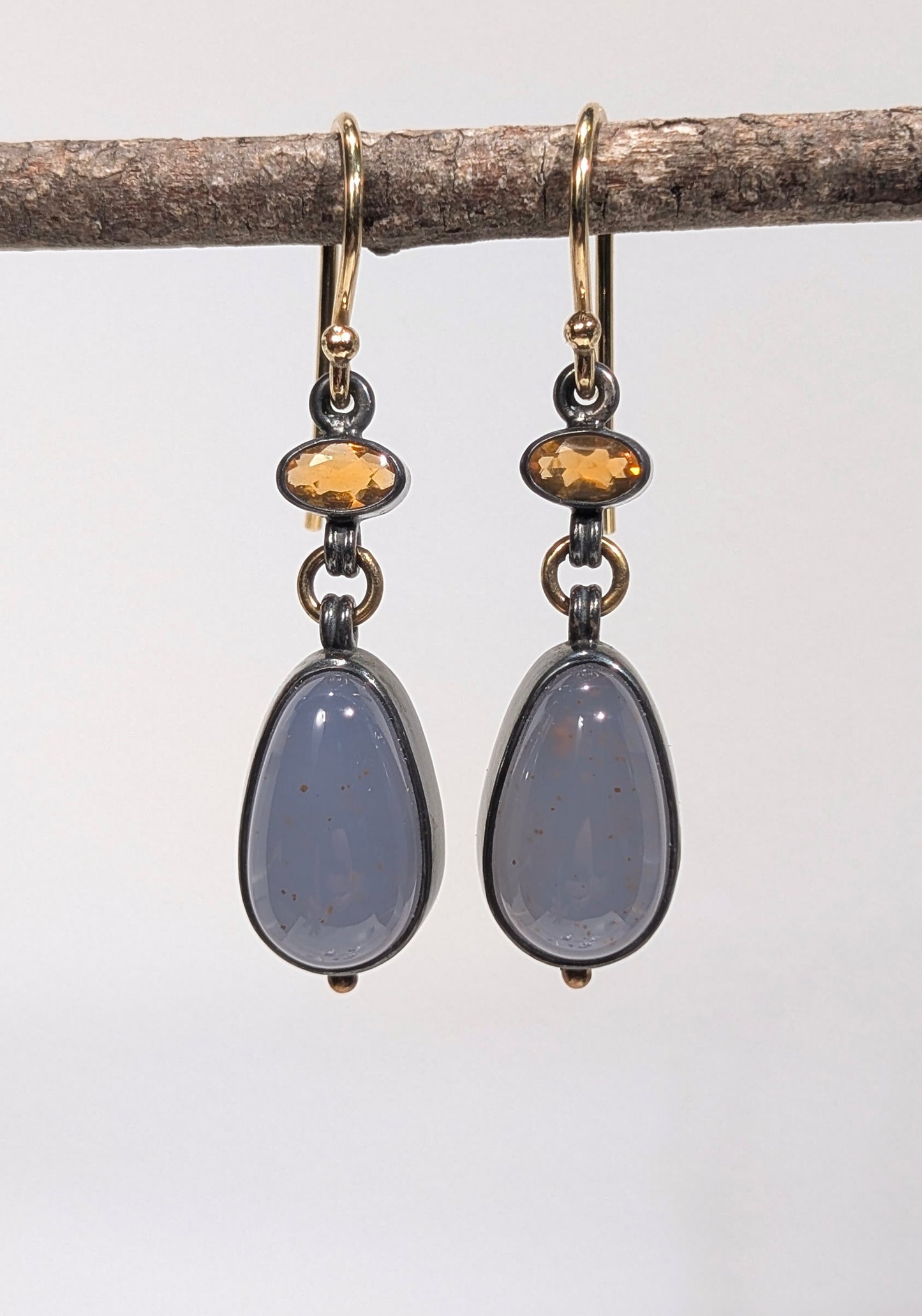 Turkish Blue Chalcedony and Mexican Fire Opal Earrings, Sterling Silver, 18K Gold