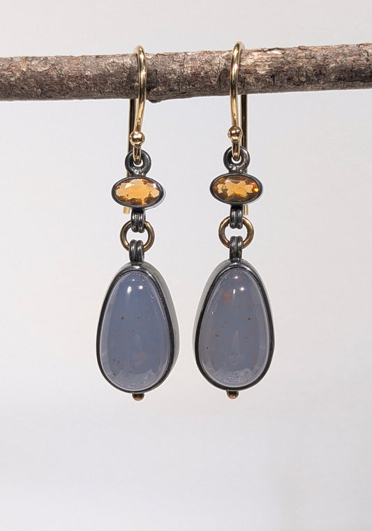 Turkish Blue Chalcedony and Mexican Fire Opal Earrings, Sterling Silver, 18K Gold