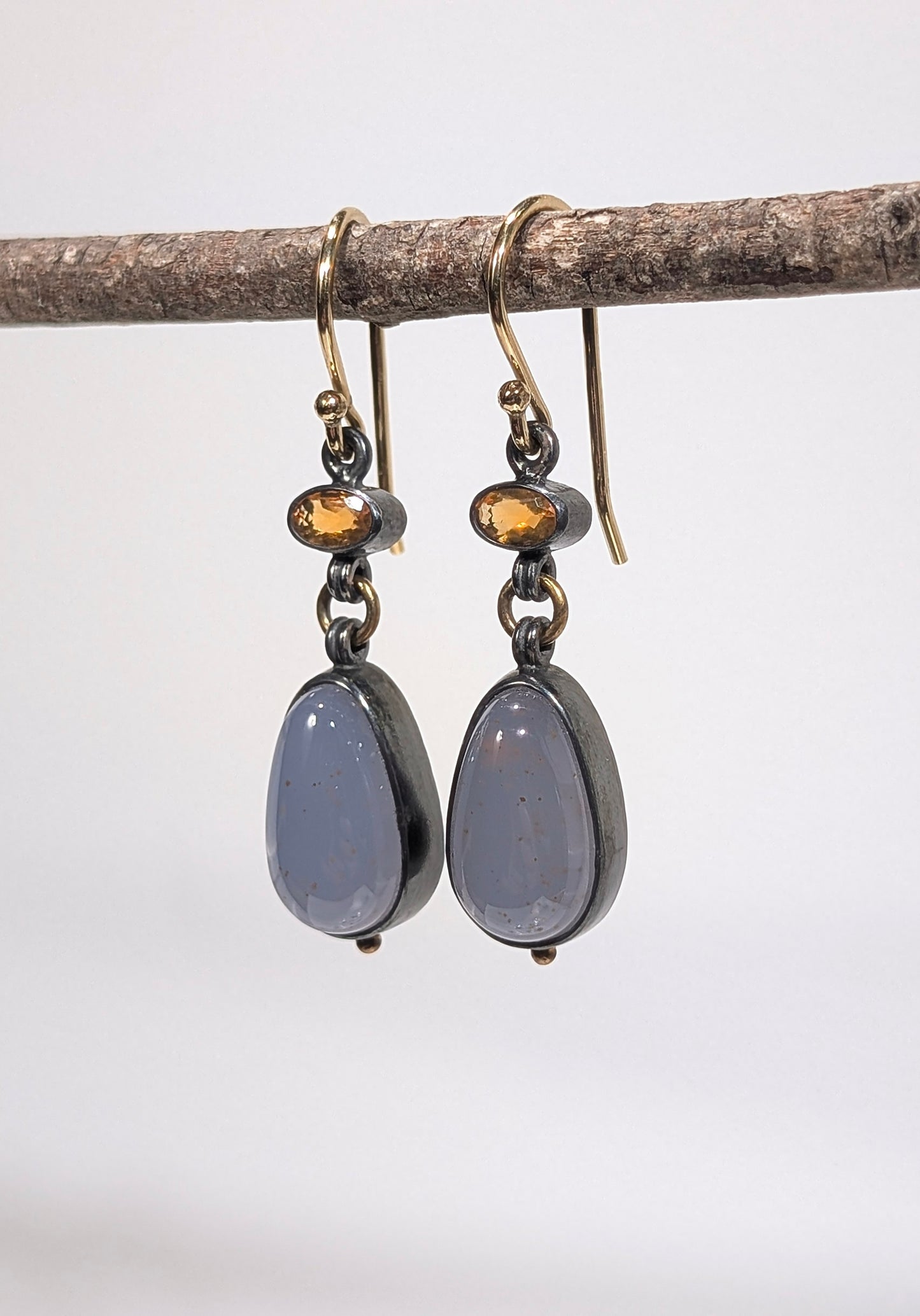 Turkish Blue Chalcedony and Mexican Fire Opal Earrings, Sterling Silver, 18K Gold