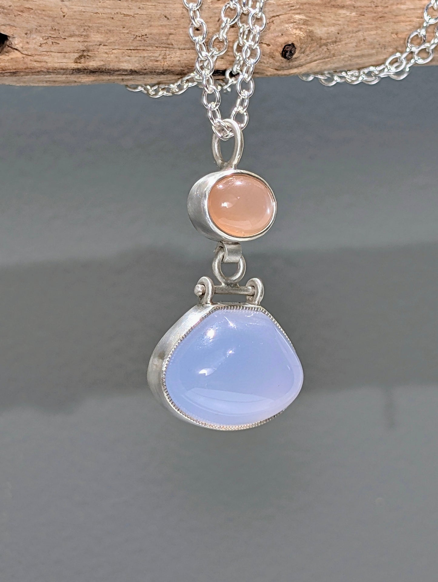 Blue Chalcedony and Peach Moonstone Pendant, Sterling Silver